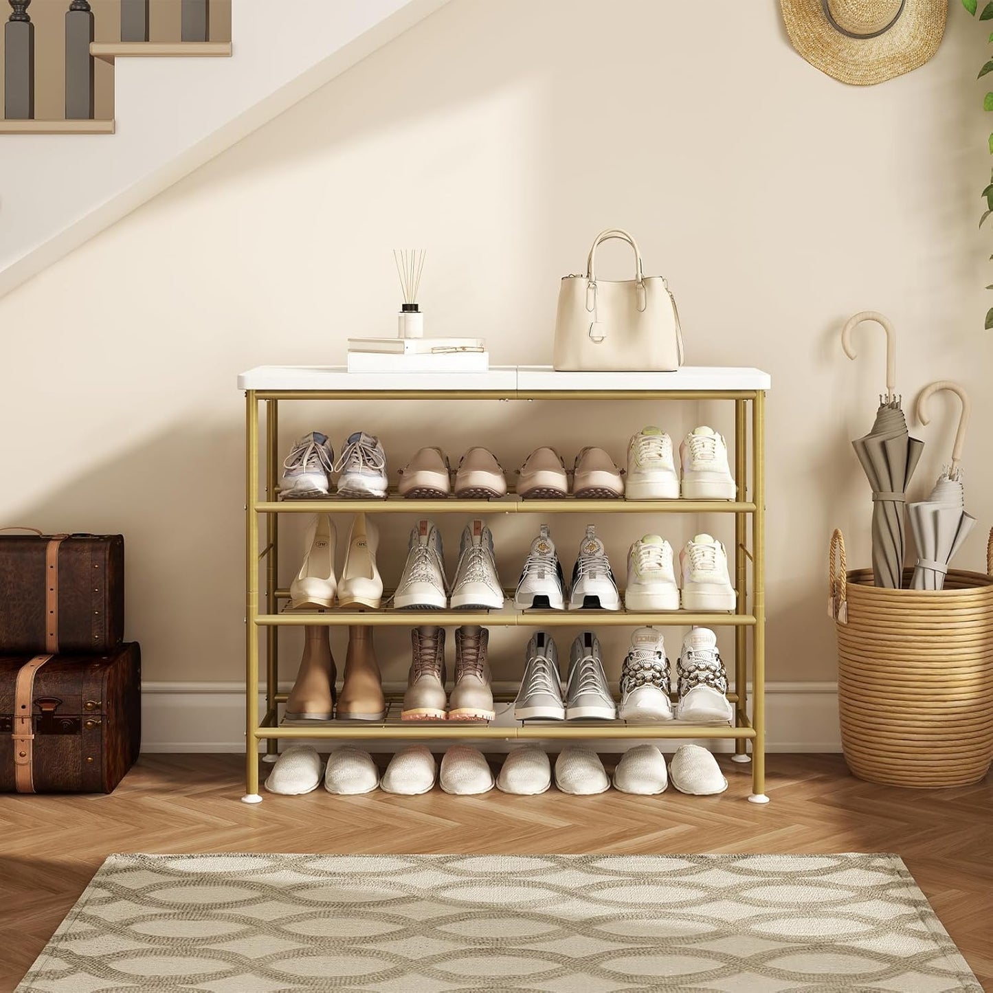 Shoe Rack Organizer 4 Tier for Closet Entryway Free Standing Metal Storage Shoe Shelf with MDF Top Board，Gold