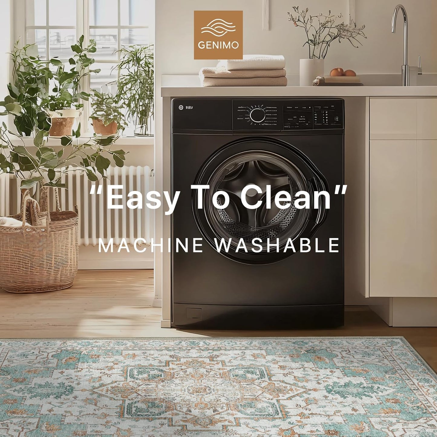 GENIMO 6x9 Area Rugs for Living Room, Machine Washable Non Slip Vintage Rugs, Low Pile Lightweight Chenille Print Rug for Bedroom, Dining Room, Home Office, Cyan