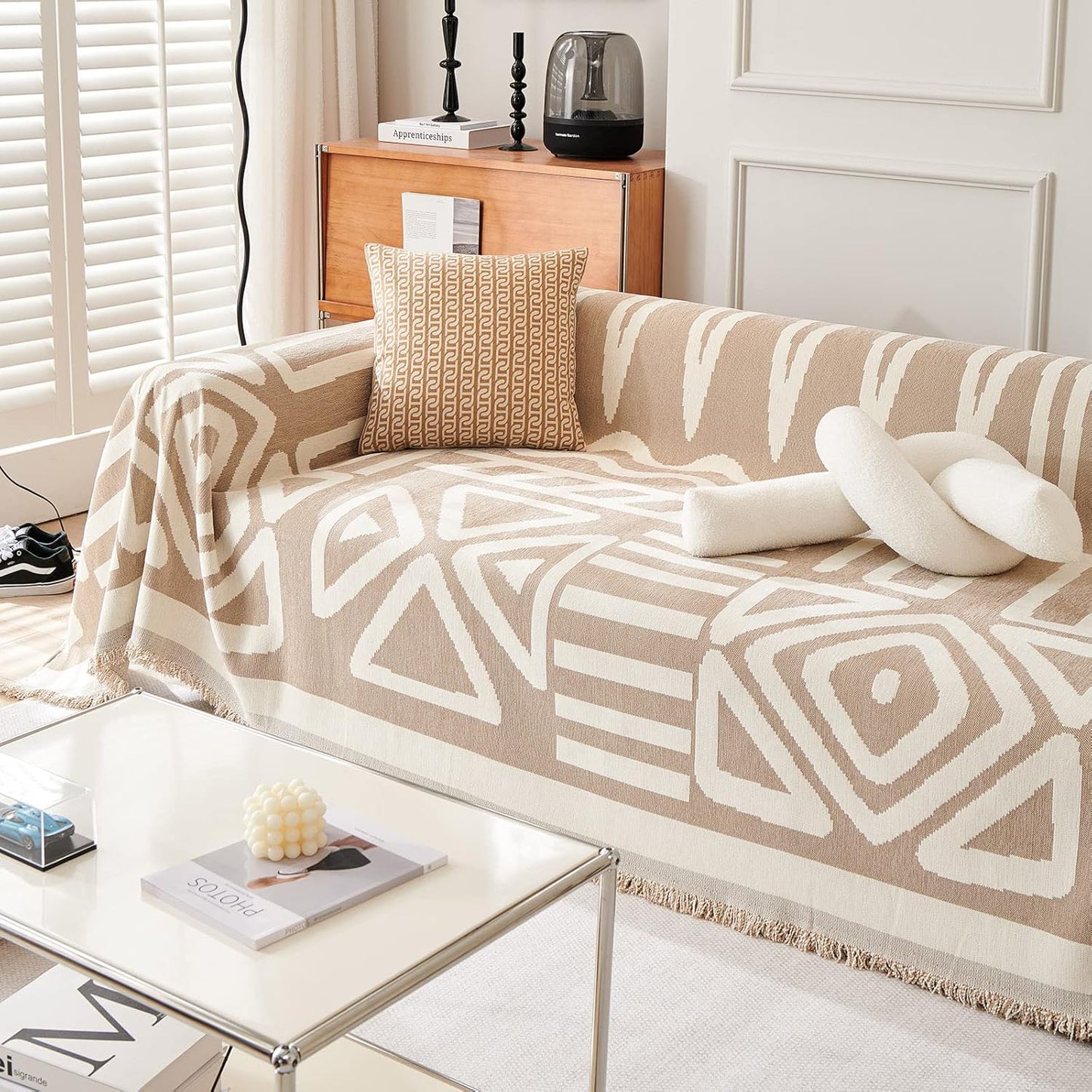 VM VOUGEMARKET Boho Couch Cover for 2 Cushion Chenille Sofa Cover Dog Proof Geometric Loveseat Sofa Slipcover L Shaped Sofa Furniture Protector with Tassels Sectional Couch Cover-71 x 118,Khaki