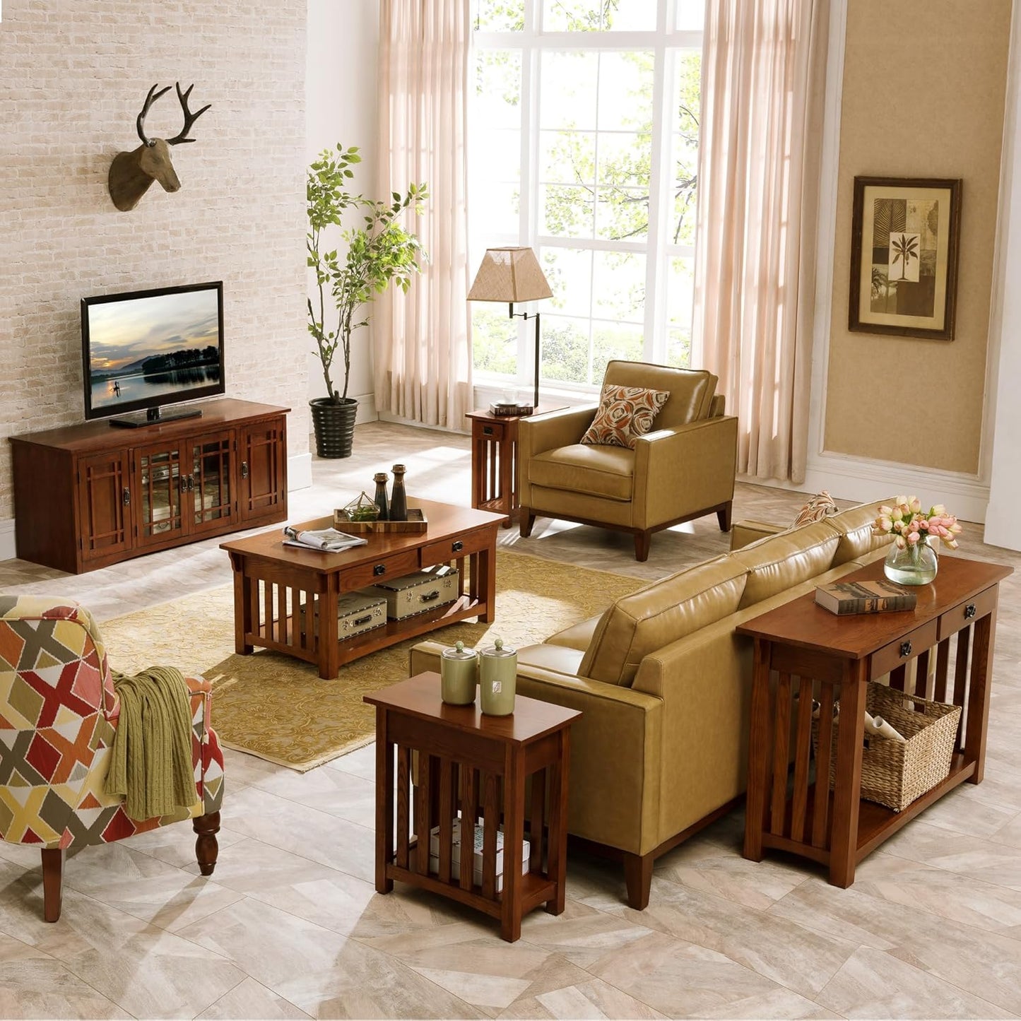 Leick Home Mission Impeccable Coffee Table, Solid Wood with 2 Drawers & Shelf, Medium Oak Finish, Blackened Hardware, Slatted Sides, Easy Assembly, 48 in W x 24 in D x 19 in H, 8204