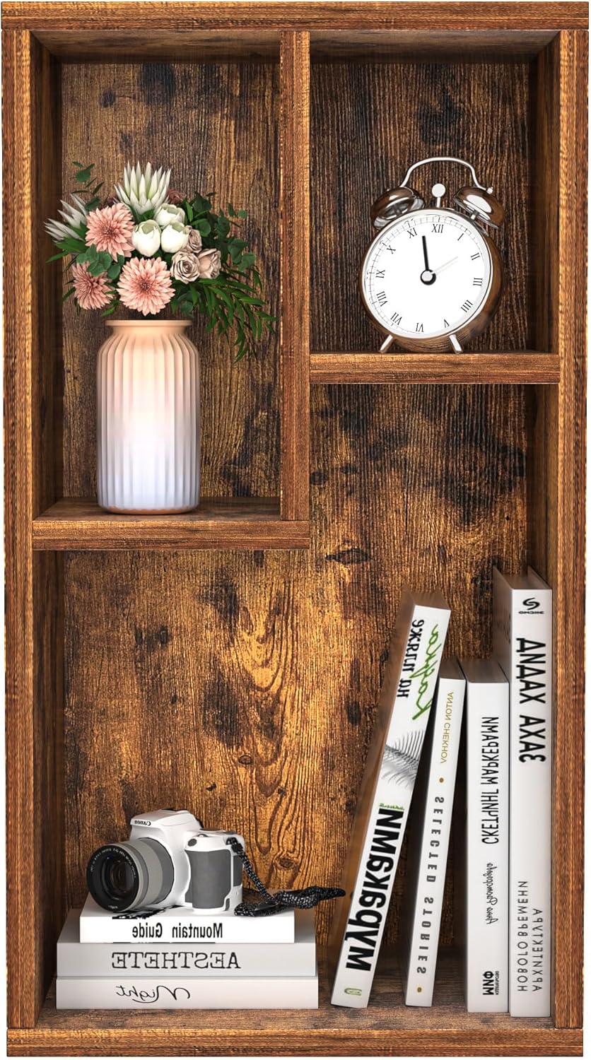 VECELO 3 Cube Small Bookcase, Fits Tallest Hardcovers, Horizontal Available, 2-Tier Modern Bookshelf, Storage Organizer for Small Spaces, Kids Room, Bedroom Living Room, Rustic Brown