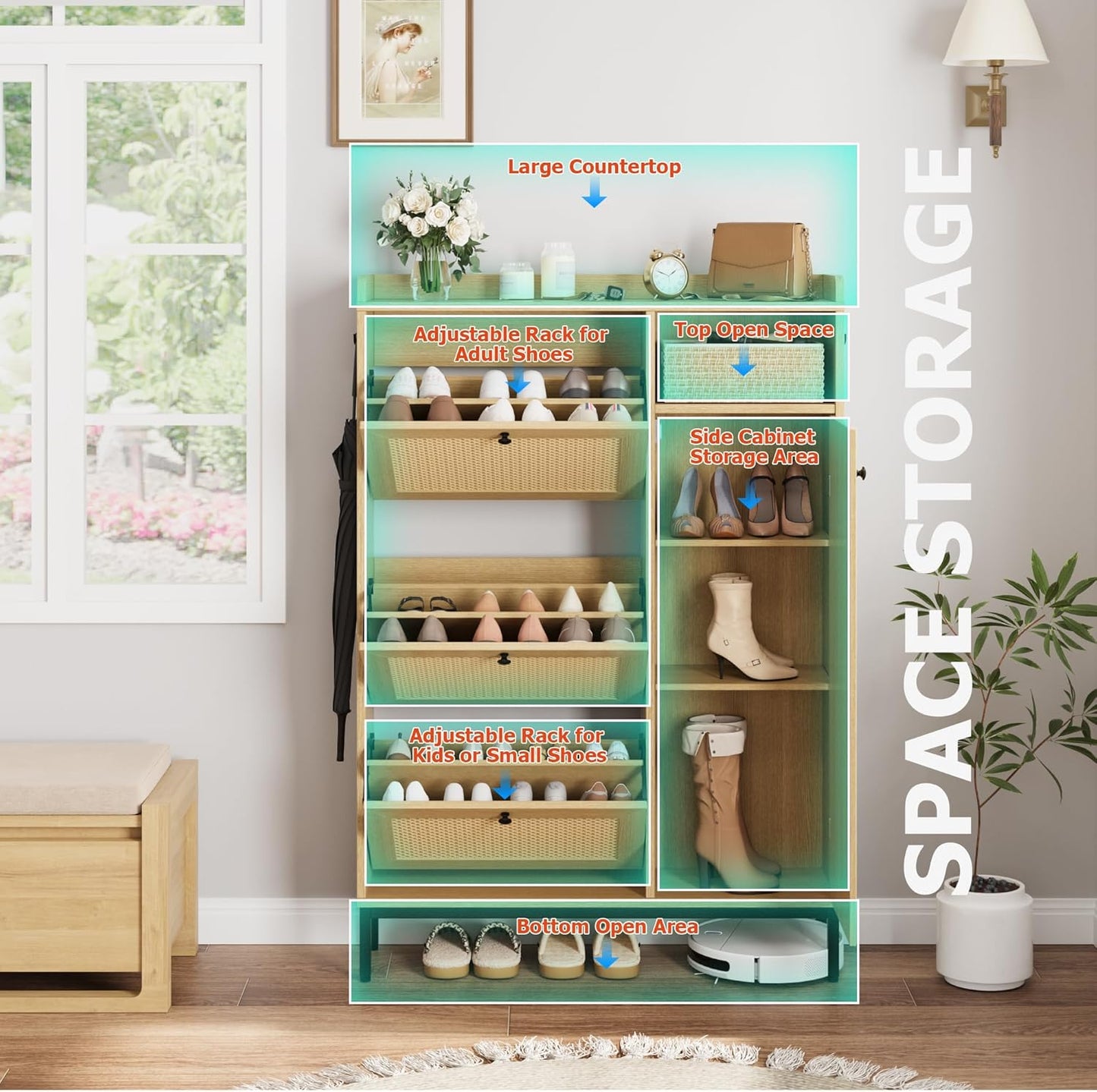 GarveeHome Shoe Cabinet Rattan with 3 Flip Drawers and 4-Tier Shoe Storage Cabinet, Freestanding Shoe Organizer with Adjustable Shelves for Entryway, Closet, Hallway (Oak)