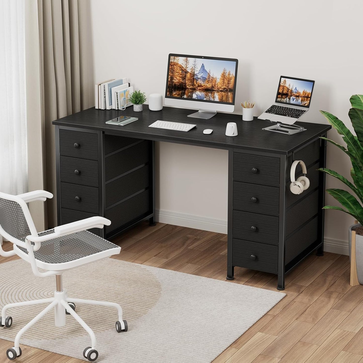 Black Desk with Fabric Drawers on Both Sides, 47 Inch Black Gaming Desk Home Office Computer Study Writing Work PC Desks with 8 Storage Fabric Drawers for Bedroom