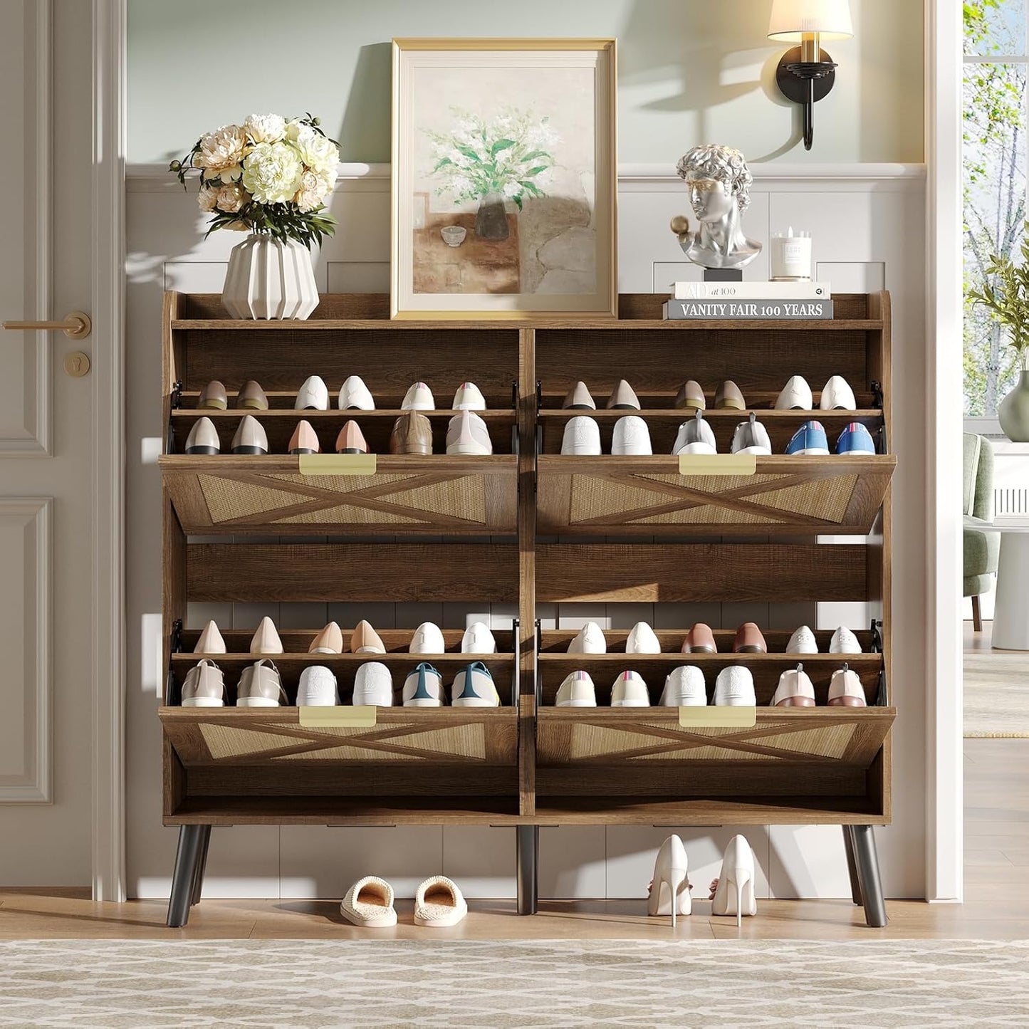 Maupvit Large Shoe Storage Cabinet with 4 Flip Drawers, Narrow Shoe Cabinet for Entryway with Wooden Legs, Freestanding Hidden Shoe Rack Organizer ＆ Metal Hinges, Rustic Oak Rattan