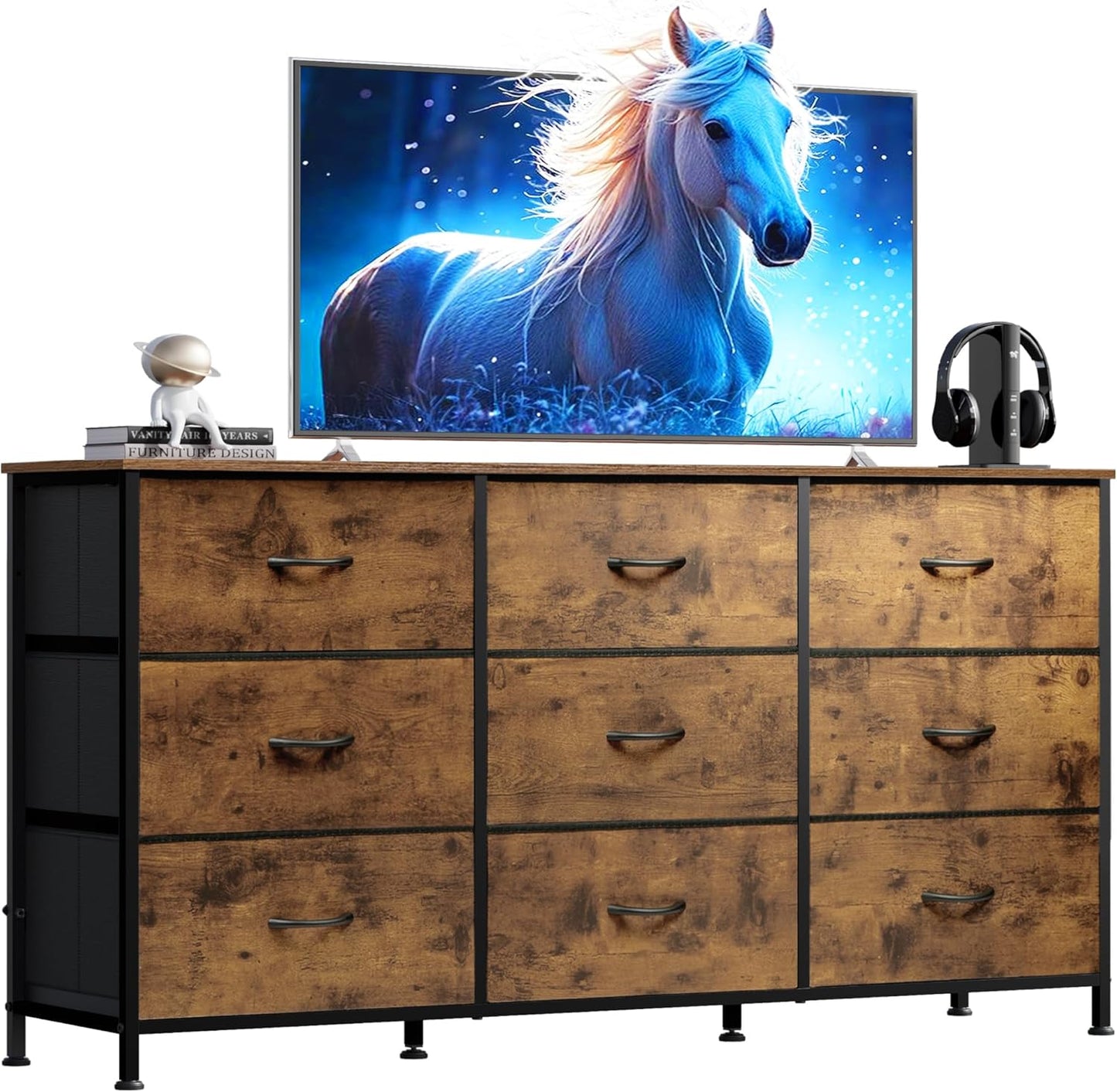 WLIVE 47''W Dresser for Bedroom, Dresser TV Stand for 45, 50, 55 inch TV, Wide Chest of Drawers with 9 Drawer, Large Entertainment Center, Fabric Dressers with Wood Top for Living Room, Rustic Brown