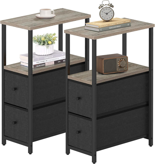 TUTOTAK Small Narrow End Table, Set of 2, Side Table, Nightstand with 2 Cloth Drawers, Couch Table, for Living Room, Bedroom, Bedside, Greige TB01BG054