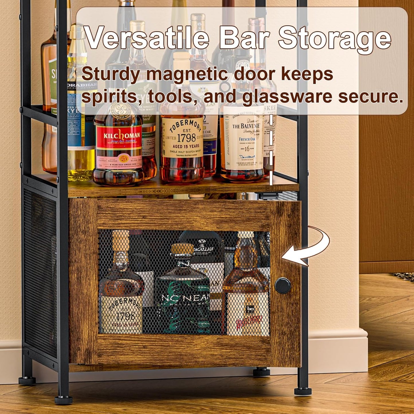 Tiered Liquor Stand with Bar Cabinet for Home, Large-Capacity Wine Rack Freestanding Floor, Stepped Display Shelf Featuring Mesh Door Holds Whiskey & Syrup Bottles, Corner Storage Ideal in living room