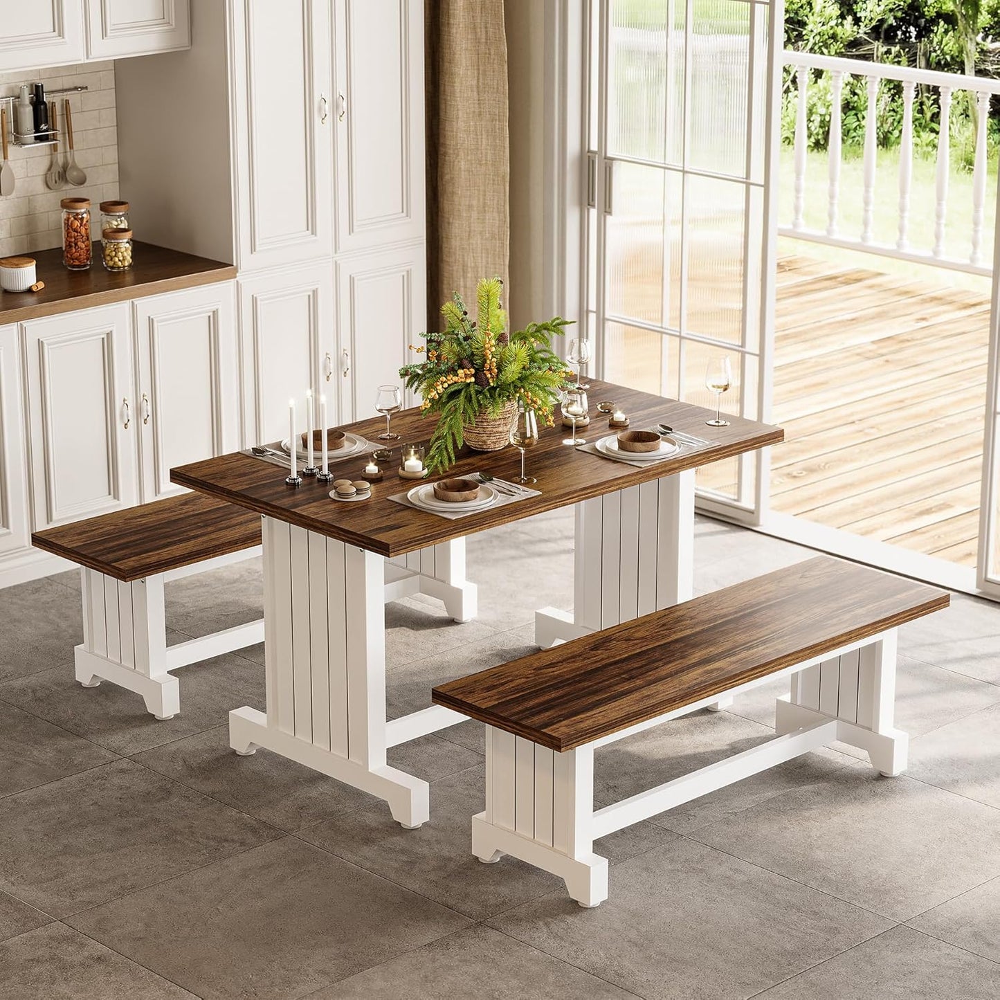 LITTLE TREE Dining Table Set for 4 with 2 Benches, Modern Kitchen Table with MDF Board, Space-Saving Dinette for Kitchen, Dining Room, Brown and White