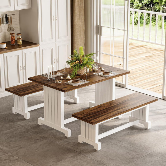 LITTLE TREE Dining Table Set for 4 with 2 Benches, Modern Kitchen Table with MDF Board, Space-Saving Dinette for Kitchen, Dining Room, Brown and White