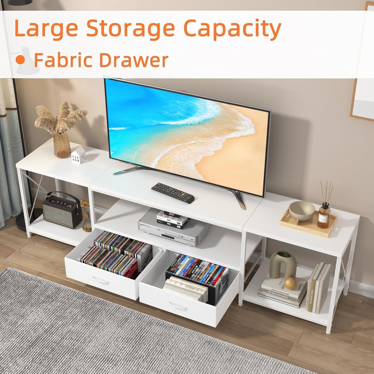 TV Stand with Fabric Drawer for 65 70 75 Inches TV - Entertainment Center and Industrial TV Console Table with Open Storage Shelves for Living Room, Bedroom - 63" White