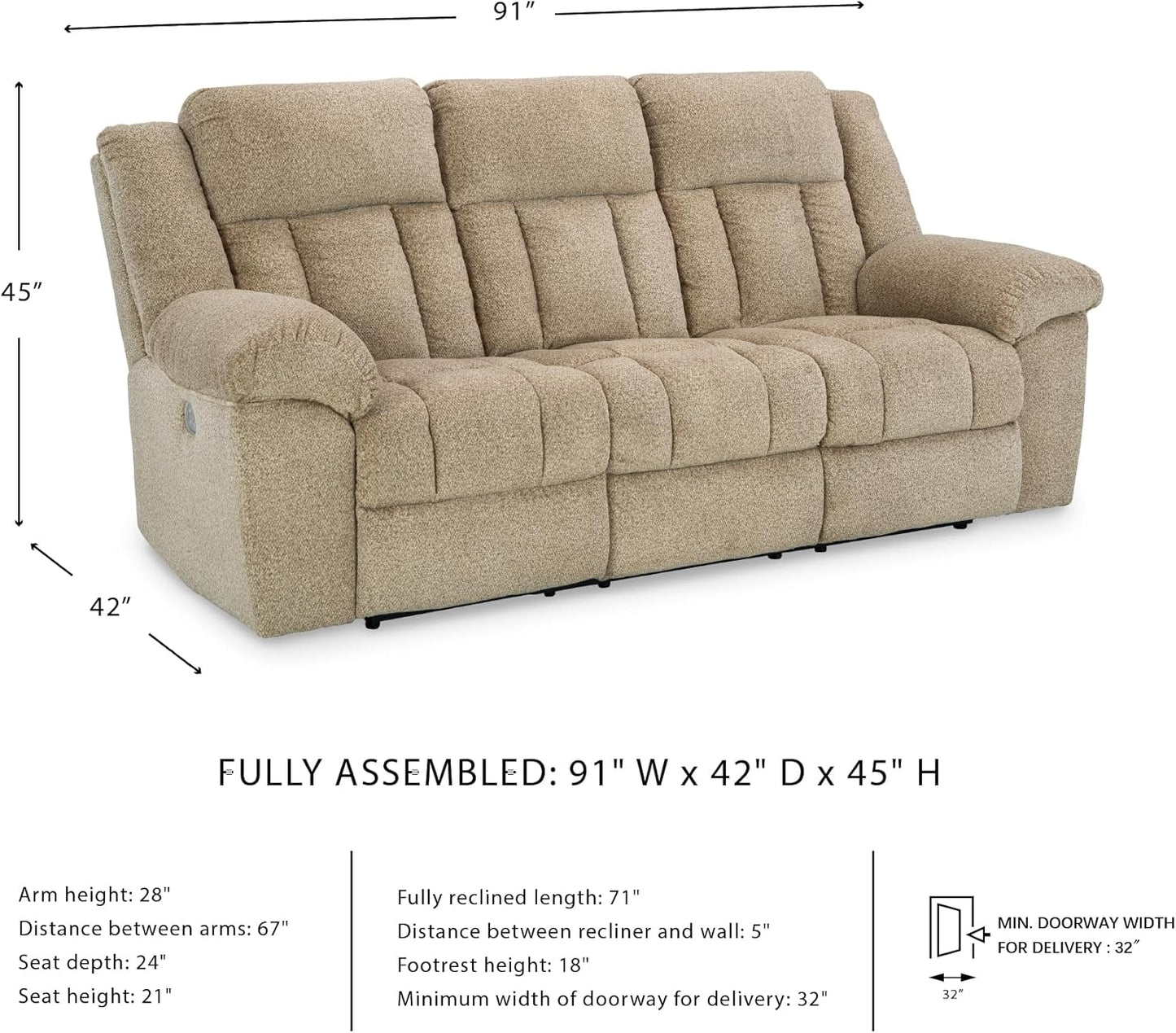 Signature Design by Ashley Tip-Off Classic Wall Hugger Power Reclining Sofa with Adjustable Headrest and USB Ports, Light Brown
