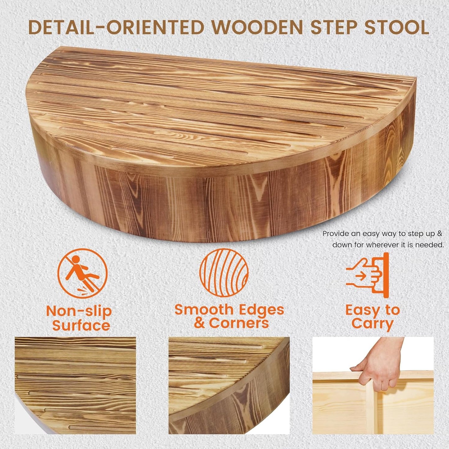 Solid Wooden One Step Stool, 5.2" High Semicircular Wood Bed Step for Elderly Adults Kids Safety to Get in & Out of High Bed, Kitchen, Bathroom(26.4" L, 550LBs Capacity)