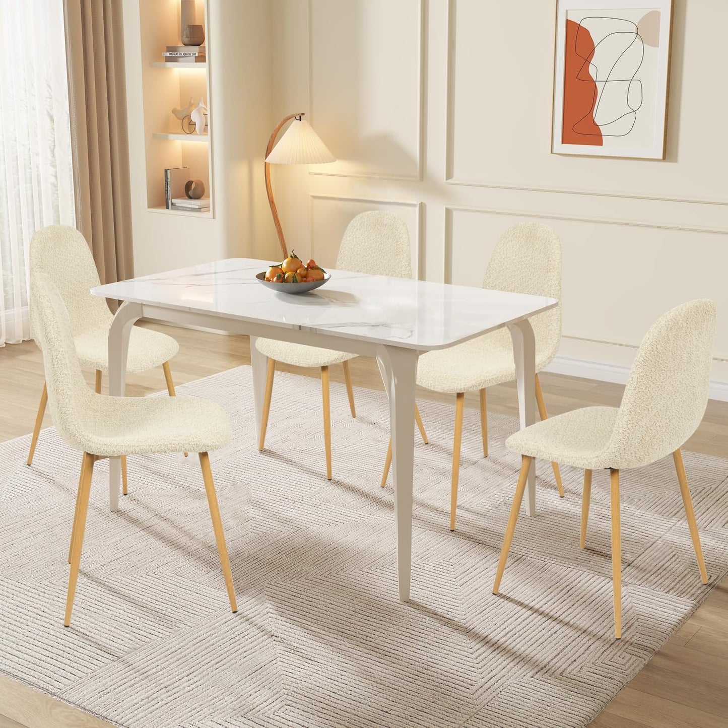 FurnitureR Dining Chairs Set of 4, Upholstered Chenille Fabric Dining Room Seating with Sturdy Metal Legs, Armless Mid-Back Side Chairs for Kitchen, Living Room, Bedroom, Home Office, Beige Cream