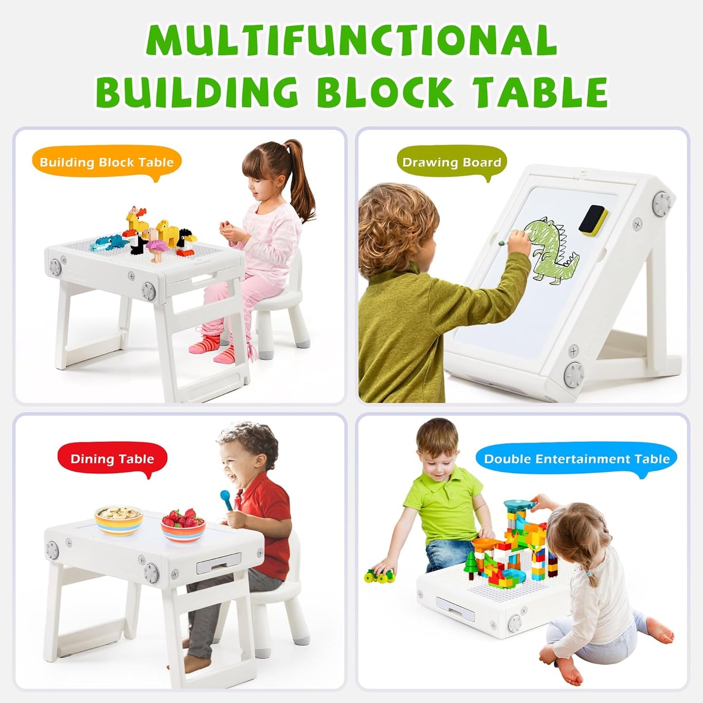 Toddler Table and Chair Set, Foldable Building Block Table for Kids, Double-Sided Drawing & Building Kids Activity Tables, Include 5 Markers & Board Eraser