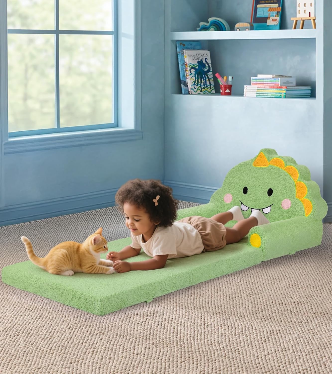 Kids Couch, 2-in-1 Soft Toddler Couch Fold Out with Blanket, Chair Comfy, Foldable Convertible Plush Sofa to Lounger, Gifts for Kids Girl Boys, Dinosaur