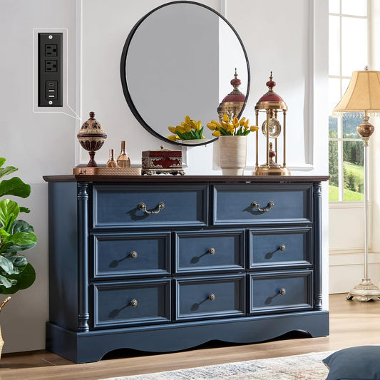 Farmhouse 8 Drawers Dresser for Bedroom with Charging Station, 54" Wide Wood Country Rustic Storage Dressers Organizer, Vintage Design Chest of Drawers TV Stand for Bedroom, Living Room