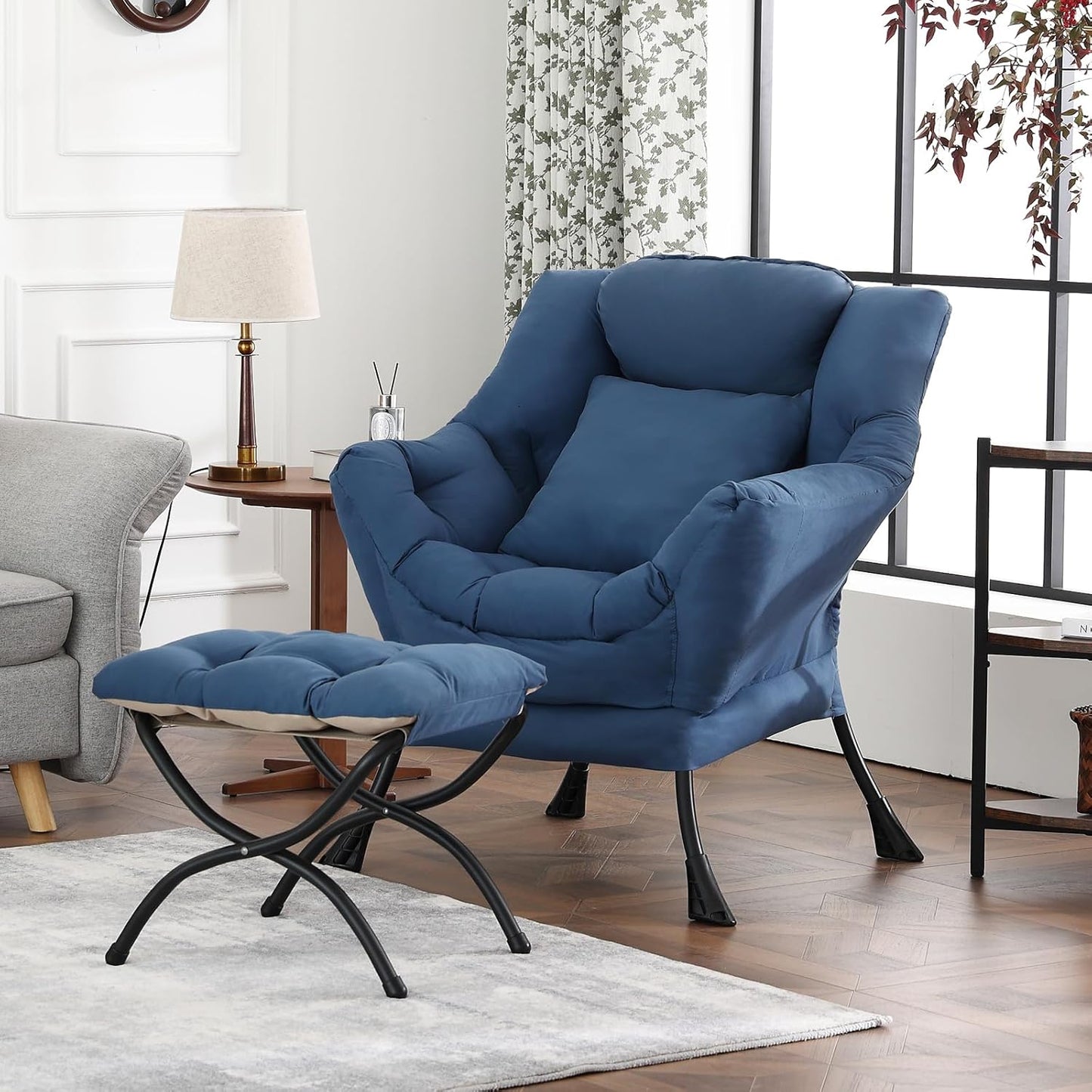 Lazy Chair with Ottoman, Reading Chair with a Pillow, Leisure Sofa Armchair with Ottoman, Large Accent Lounge Chair for Bedroom, Living Room, Dorm Room, Peach Royal Blue