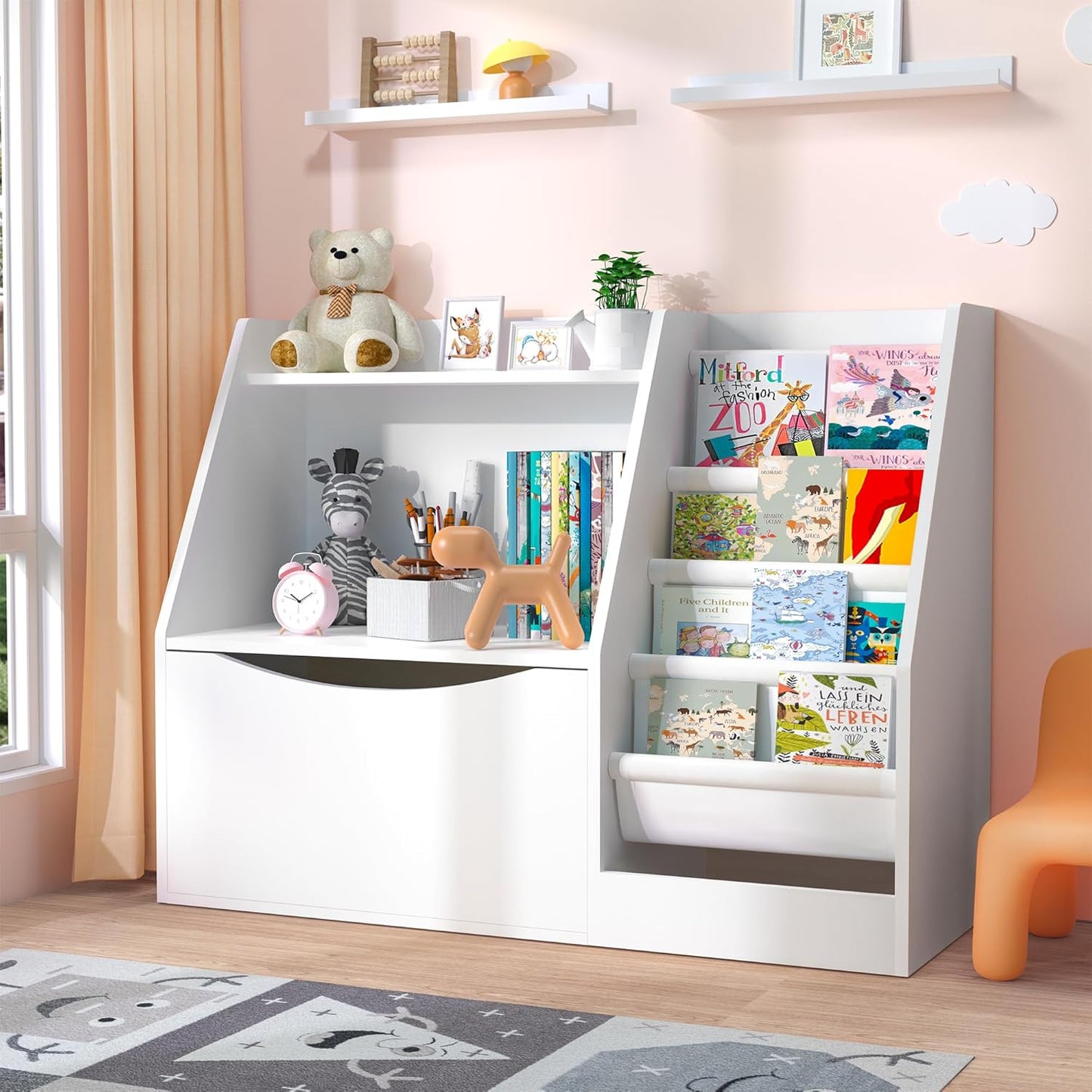 TOETOL 2 Tier Kids Bookshelf and Book Storage，4 Sling Toddler Bookshelf, Storage Boxes Book Shelf & Organizer for Nursery Playroom Classroom Library Bedroom White