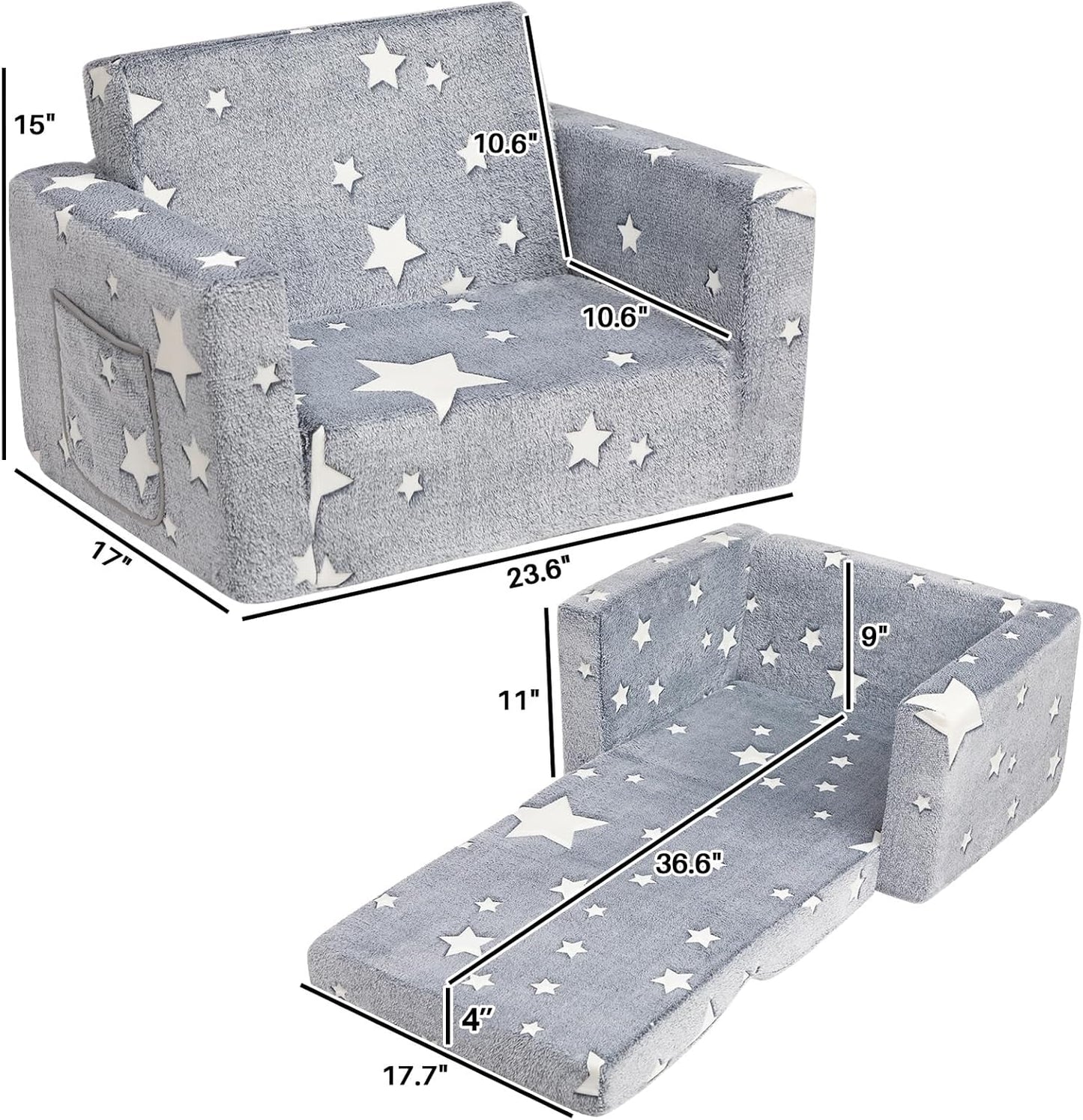 ALIMORDEN 2-in-1 Toddler Fold Out Couch, Comfy Convertible Sofa to Lounger, Glow-in-The-Dark Star Pattern Foam Seat for Little Ones with Removable Washable Cover