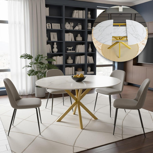 43"- 59" Extendable Dining Table for 4-6, Retractable Round Dinner Table Marble Oval Kitchen Tables Modern Steel Base Dining Room Tables for Small Space, Kitchen, Living Room, White & Gold