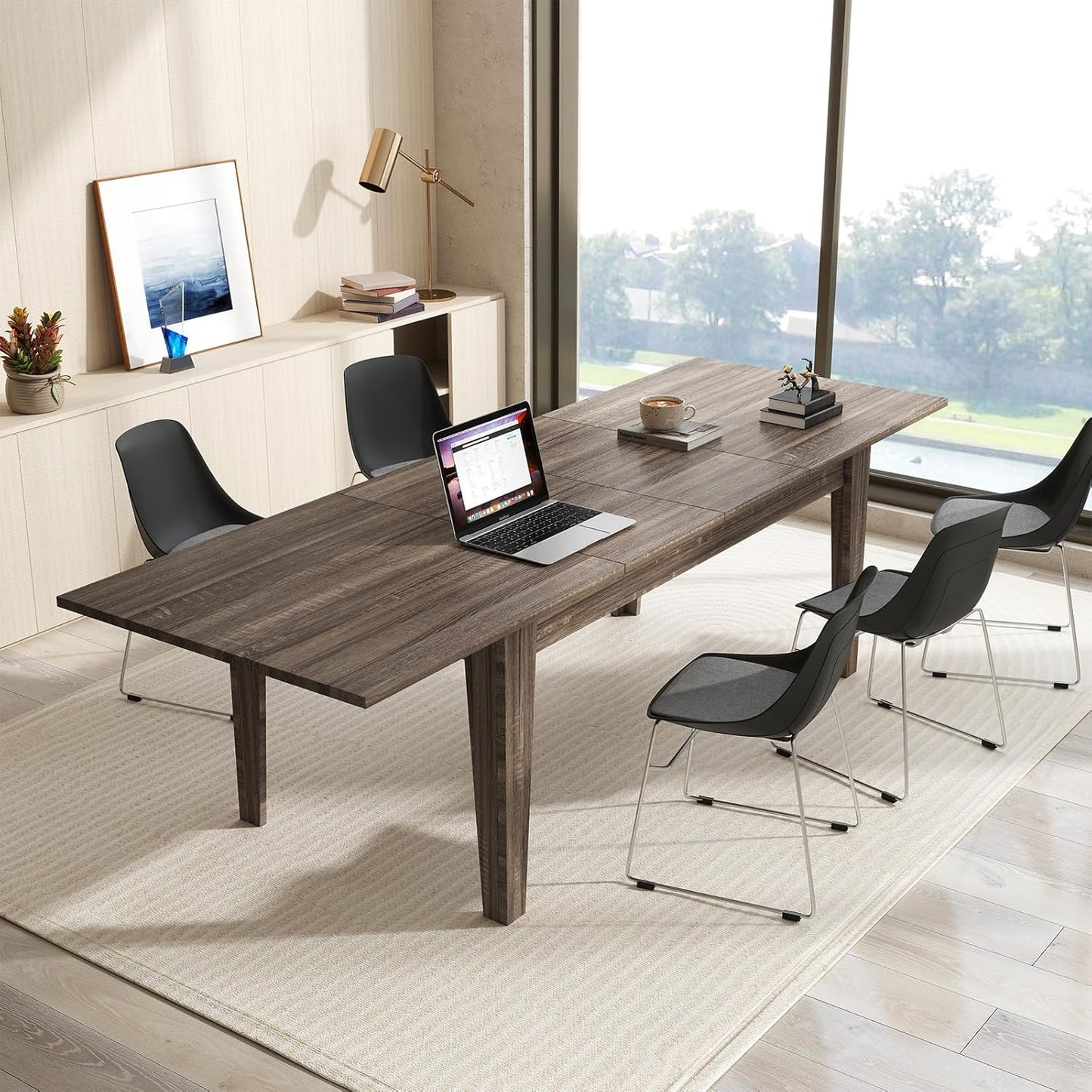 Expandable Dining Table, Large Wood Dining Table for 6-12, 70.87"-106.5" Modern Rectangular Long Kitchen Table with Metal Track for Kitchen, Living Room, Office-Brown