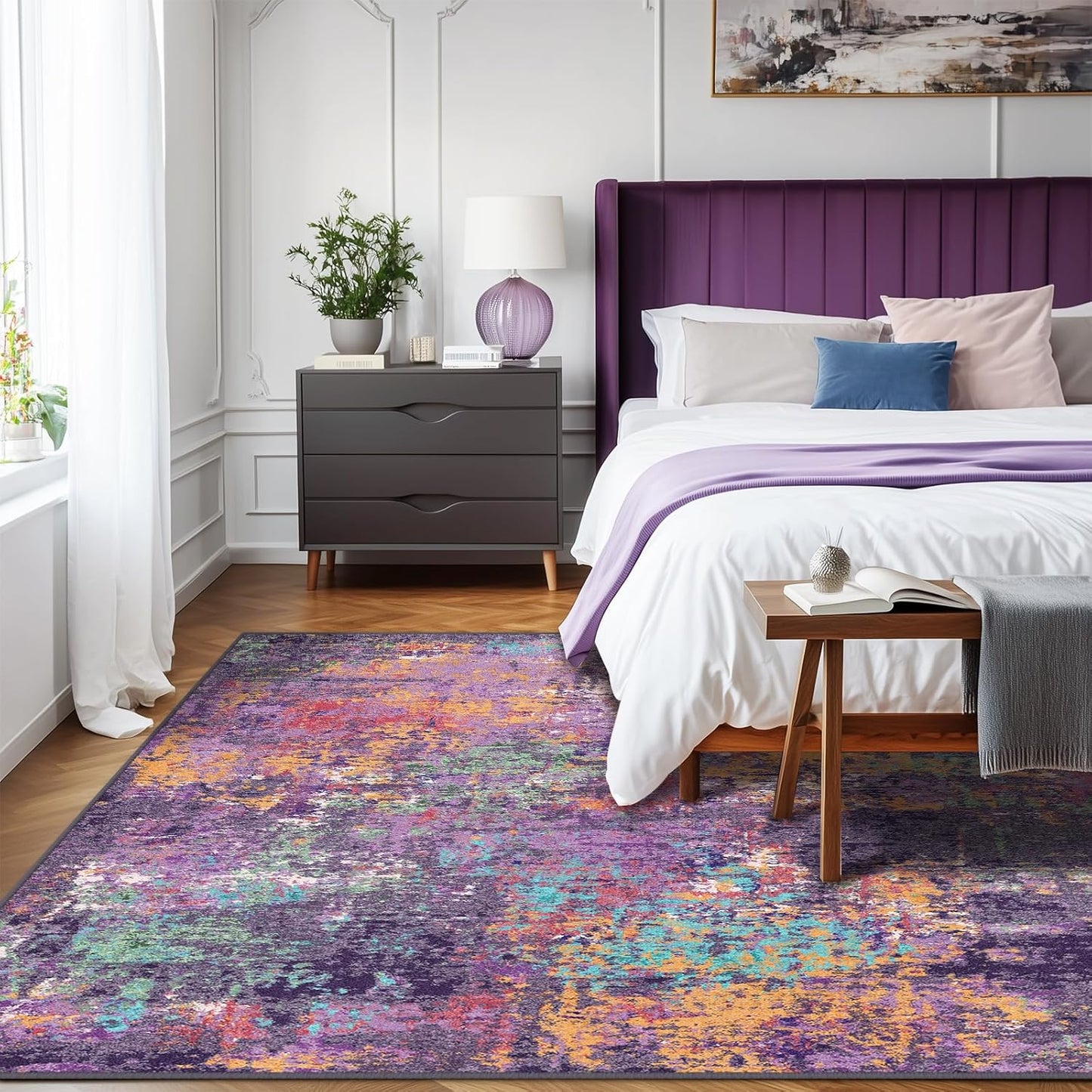 Washable Area Rugs 5'x7' Non-Slip Modern Abstract Soft for Living Room Entryway Bedroom Nursery, Print Pattern, Purple Orange Blue Green Rust Red Colorful