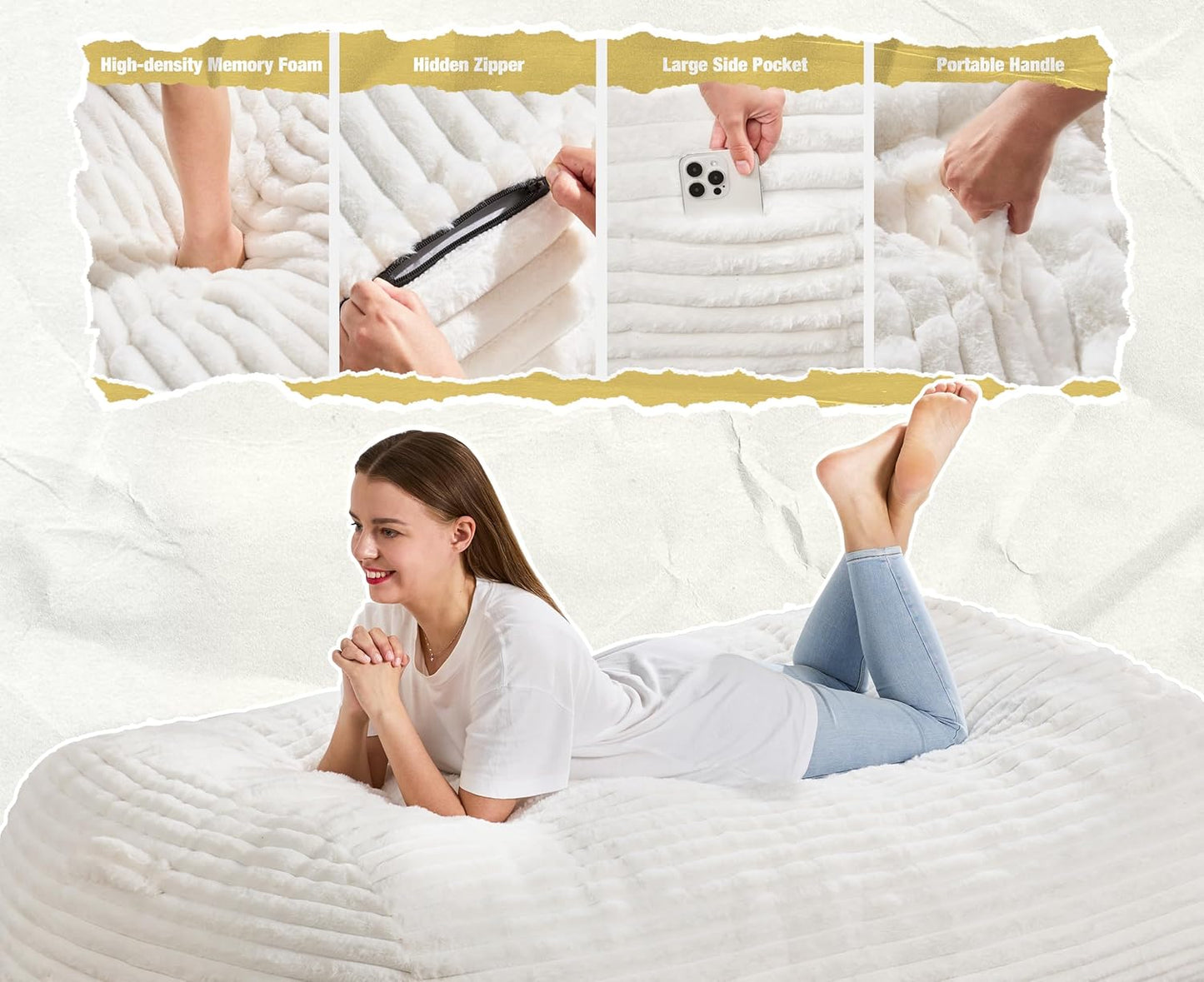 Hobestluk 5FT Bean Bag Chairs Adult Bean Bag with Portable Handle Comfy Large Bean Bag Lounge Chair with Removable Cover for Living Room Bedroom (Stripe White, 5FT)