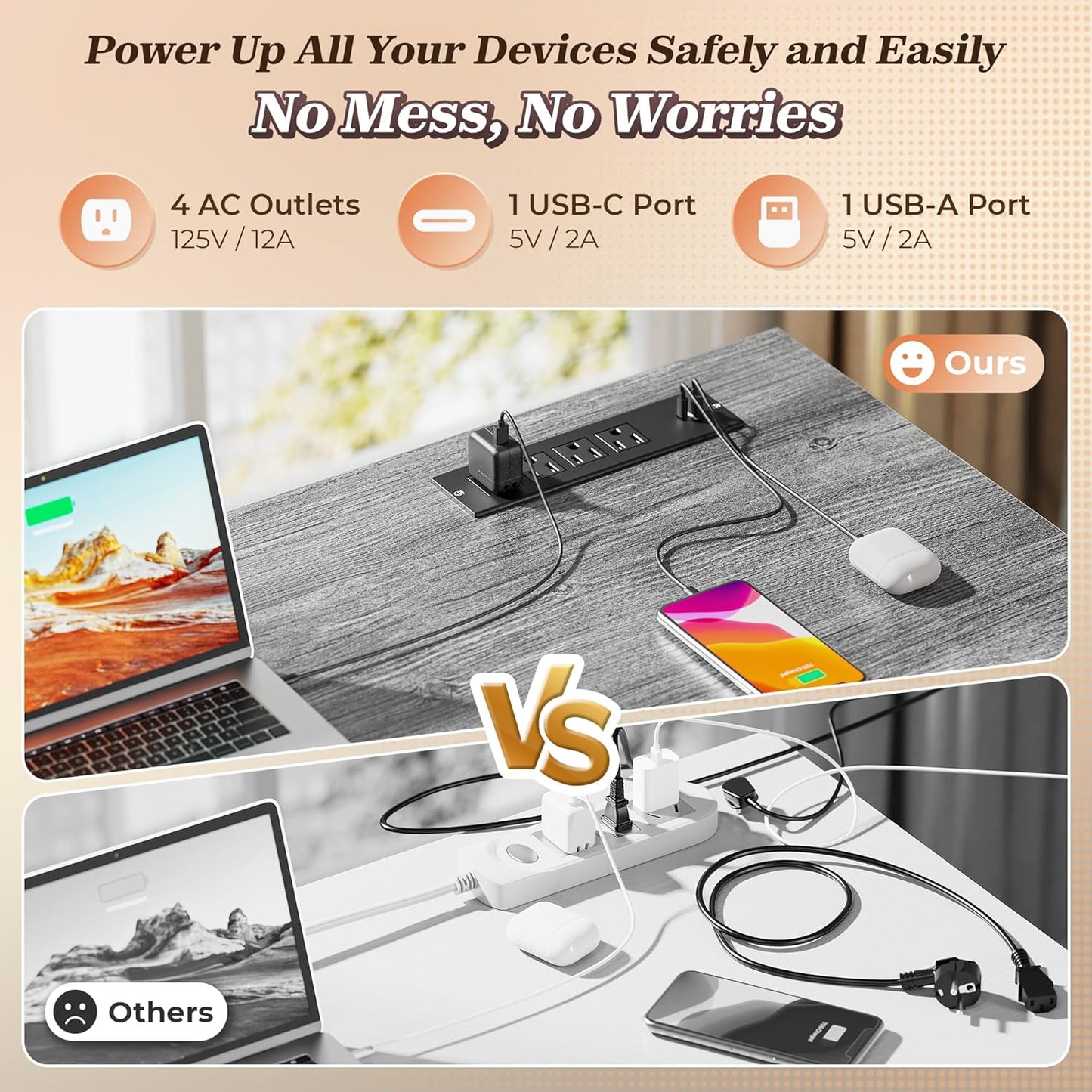PRAISUN 61" L Shaped Desk with Power Outlets and USB-C Port, Reversible Computer Corner Office Desk with 4 Fabric Drawers and 2 Height-Adjustable Shelves, Large for Gaming Writing Work Study, Grey