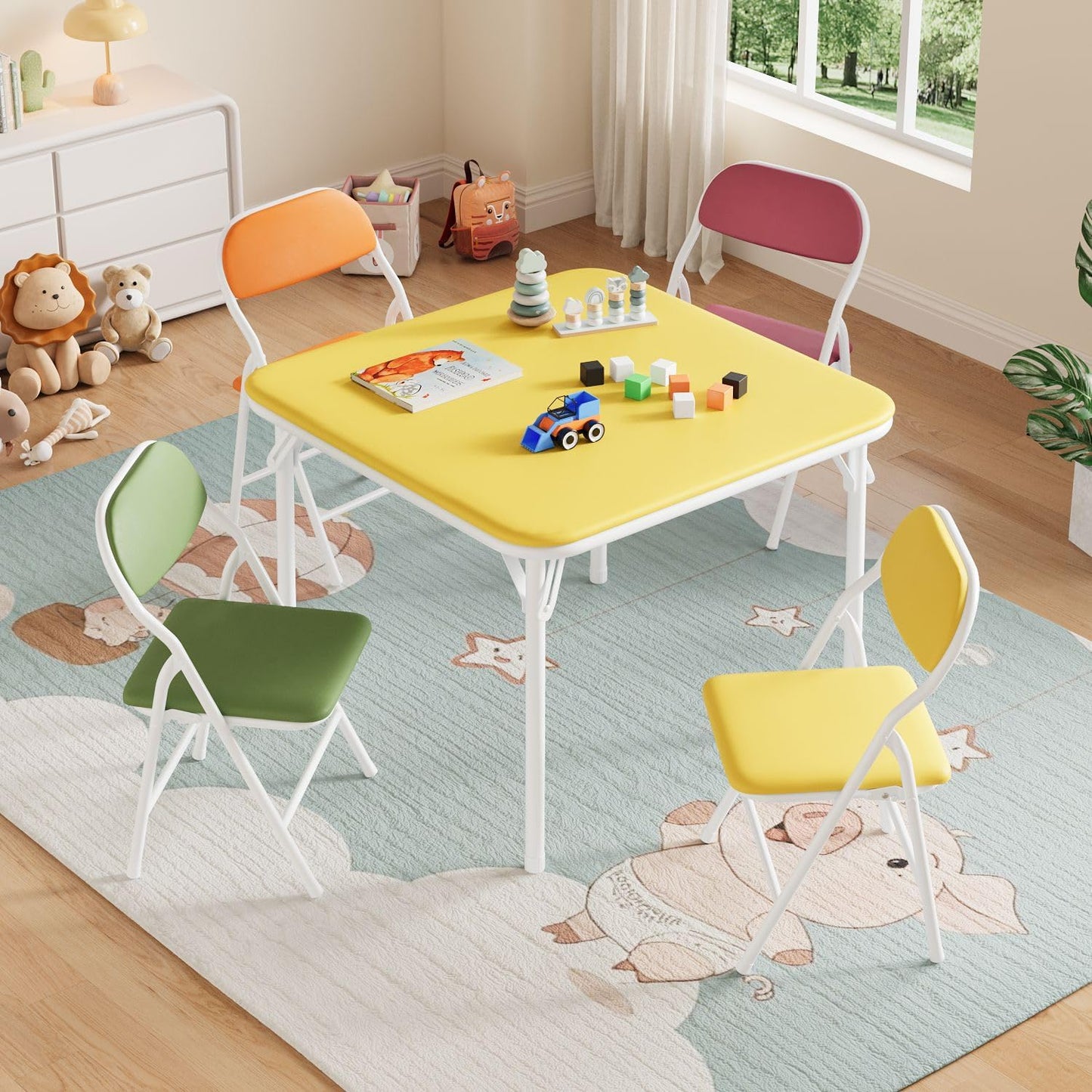 IDEALHOUSE 5 Piece Boys Girls Folding Table and Chairs Set, Activity Table and Chairs Set for Dining Room,Daycare,Classrooms