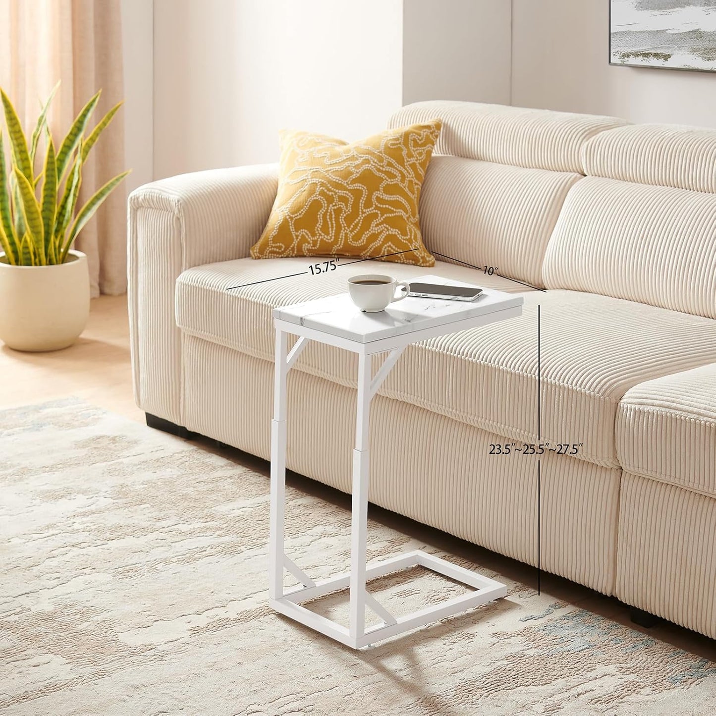 C-Shaped End Table, Small Sofa Table with Metal Frame, Adjustable Height Side Table for Couch, Living Room, Bedroom, Bedside (White, Small)