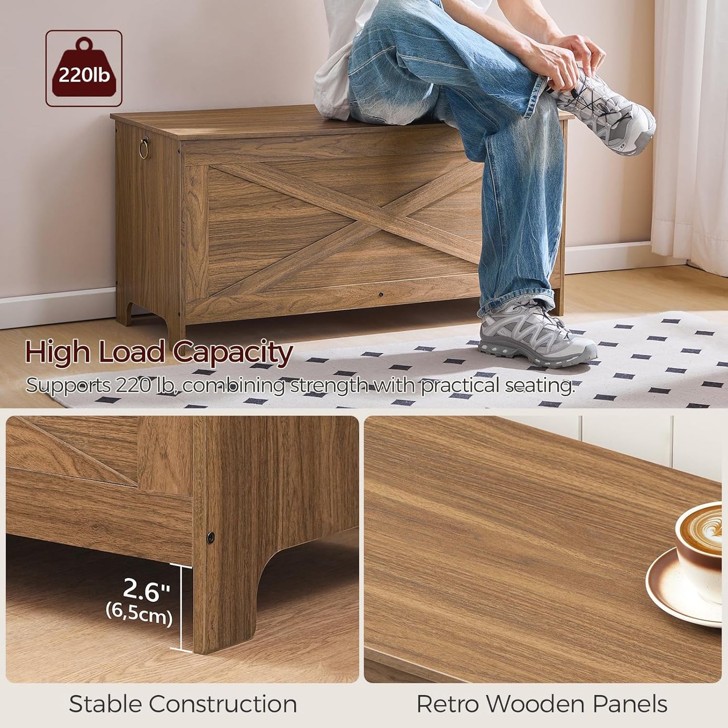 39.4" Toy Chest, Sturdy Entryway Storage Chest with Safety Hinges, Retro Toy Box, Wooden Look Accent Furniture for Living Room, Bedroom, Honey Brown SCOR48101