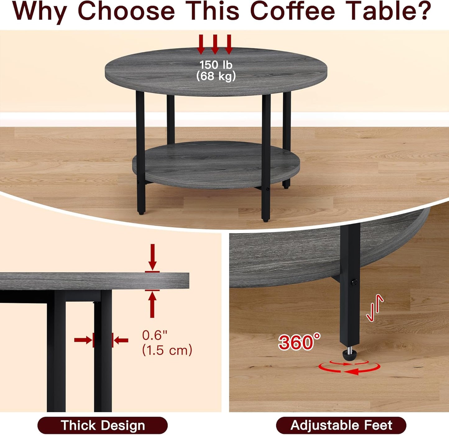 Coffee Table, 2 Tier Coffee Tables for Living Room, Round Coffee Table with Storage, Floor Table for Bedroom, Home Office, Grey (27.6" D x 17.7" H)