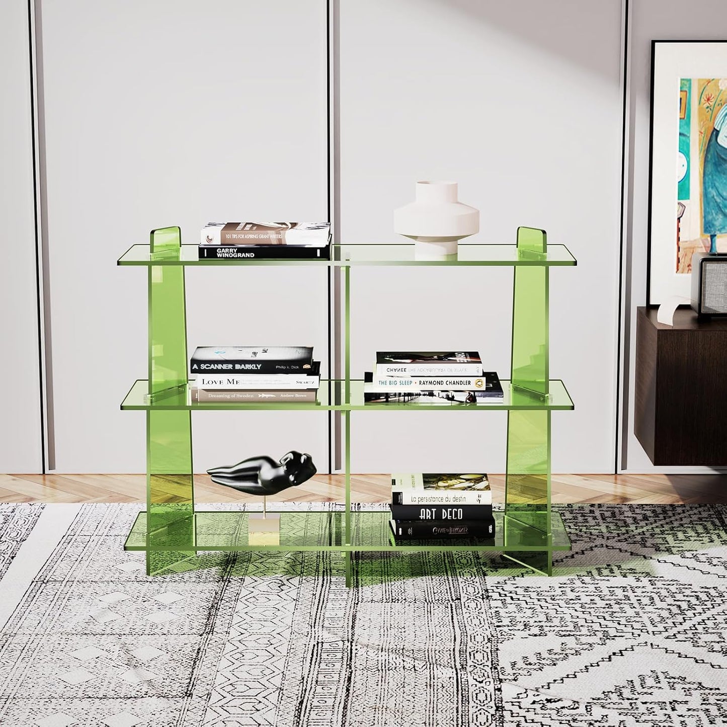 Acrylic Bookshelf, Small 3 Tier Open Bookcase for Small Spaces,Sofa Table, Hallway Entry Table for Home Living Room (Green, 39.4'' x 11.8'' x 31.5'')