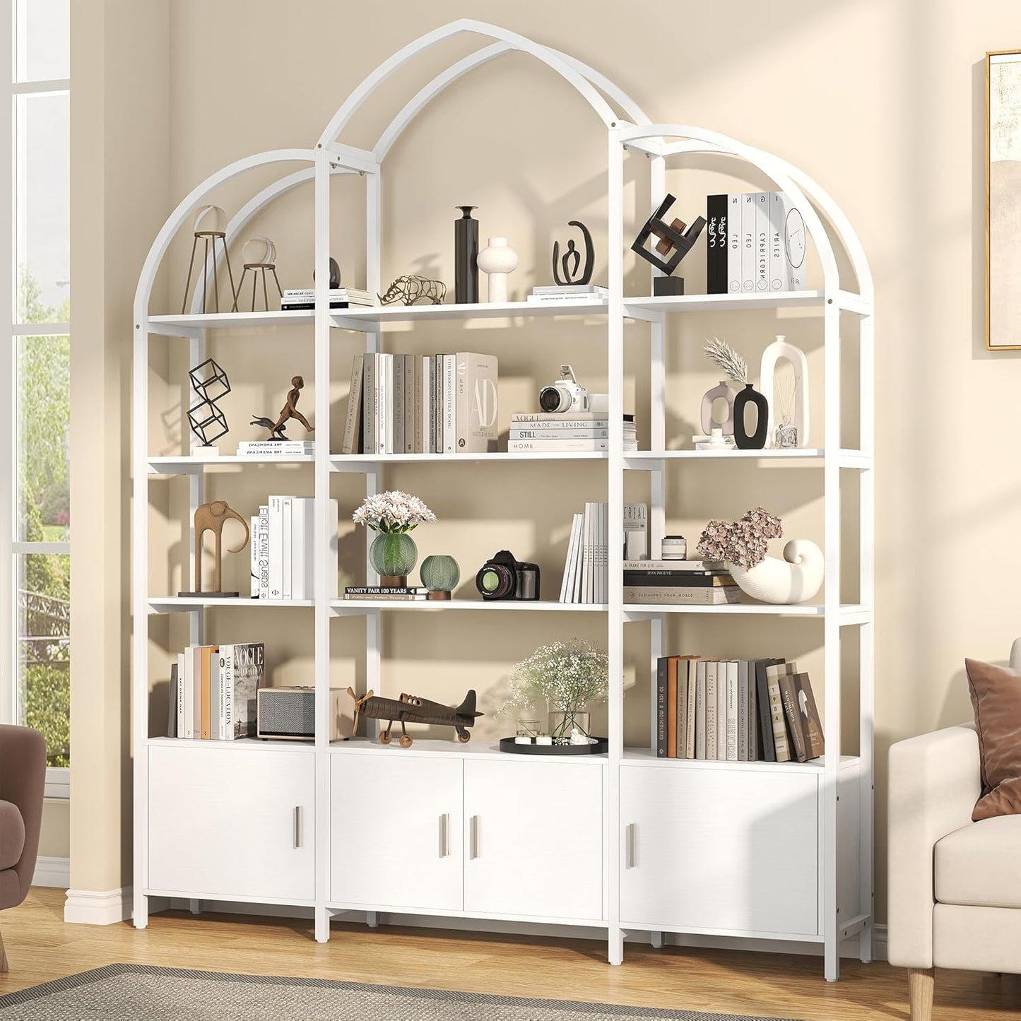 Triple Wide 5 Tier Tall Arched Bookshelf and Bookcase with 3 Cabinets, Industrial Metal Etagere Open Bookshelf, Wood Standing Book Shelf with Black Metal Frame for Bedroom Living Room