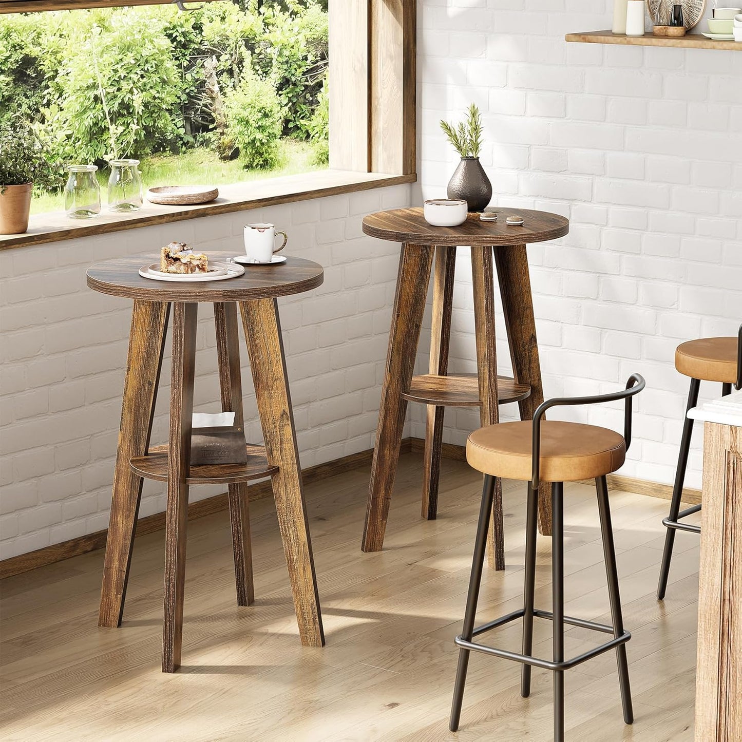 LITTLE TREE Portable Round Bar Table, High Top Bistro Pub Table, Mobile 2-Tier Shelves for Events, Party, Camping, Picnic, Tradeshow, 35.4-Inch Height (Brown, 1-Pack)