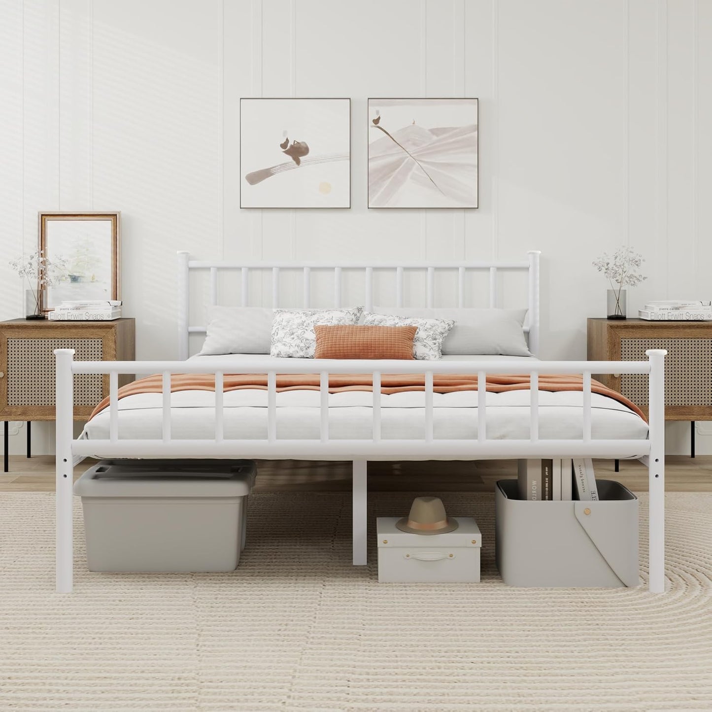 Metal Platform Queen Bed Frame with Headboard Sturdy Steel Slats Support No Box Spring Needed Easy Assembly White
