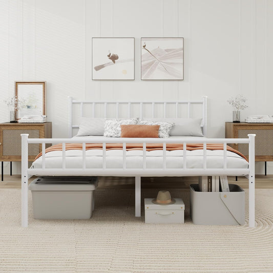 Metal Platform Queen Bed Frame with Headboard Sturdy Steel Slats Support No Box Spring Needed Easy Assembly White