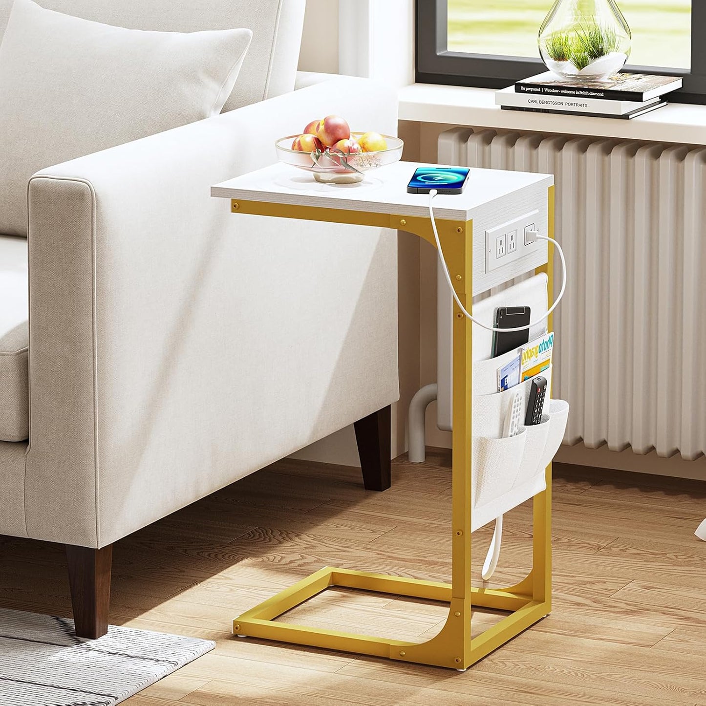TUTOTAK C Shaped End Table with Charging Station, Side Table for Sofa, Couch Table with Storage Bag, TV Tray Table with 2 USB Ports and Outlets for Living Room, Bedroom, White and Gold TB01BWG024