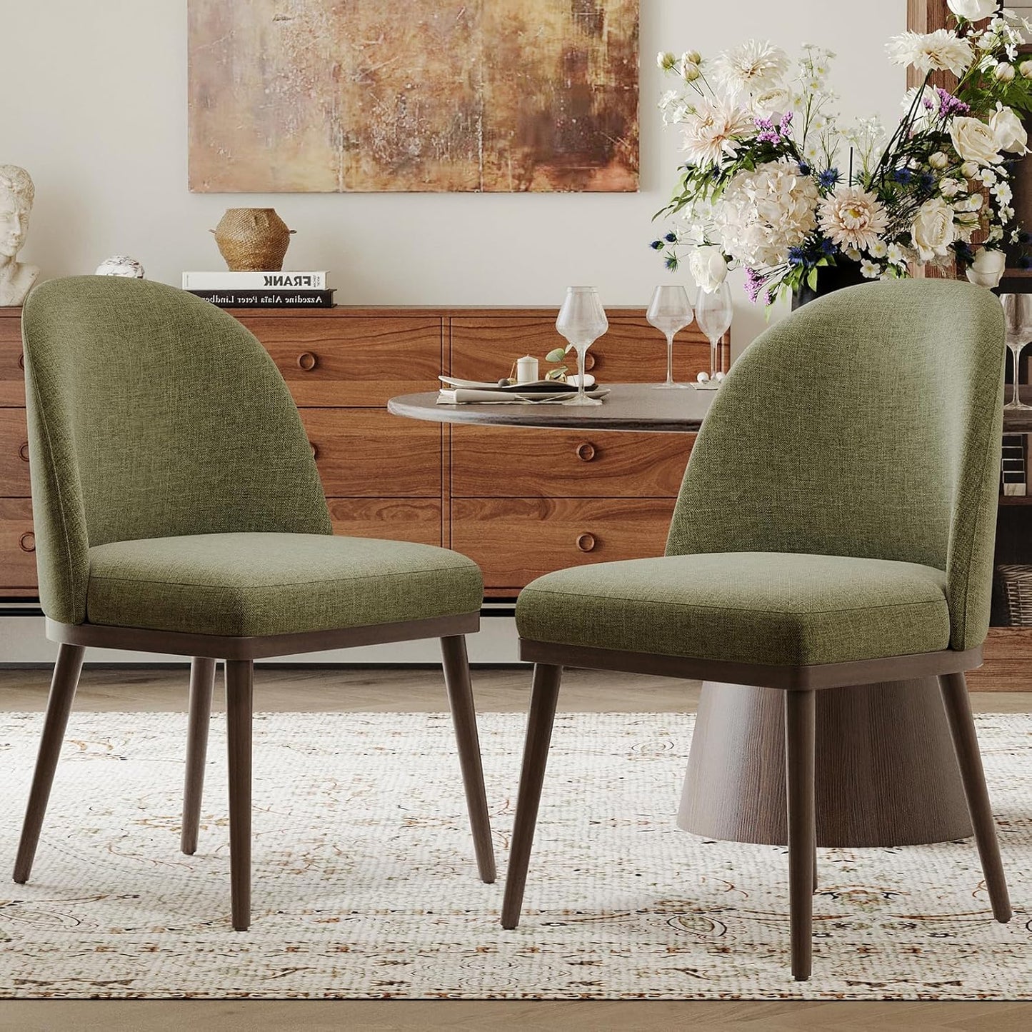 COLAMY Upholstered Dining Chairs Set of 2, Large Dining Room Kitchen Chairs with High Back and Deep Seat, Modern Fabric Dinner Chairs with Wood Legs, Green
