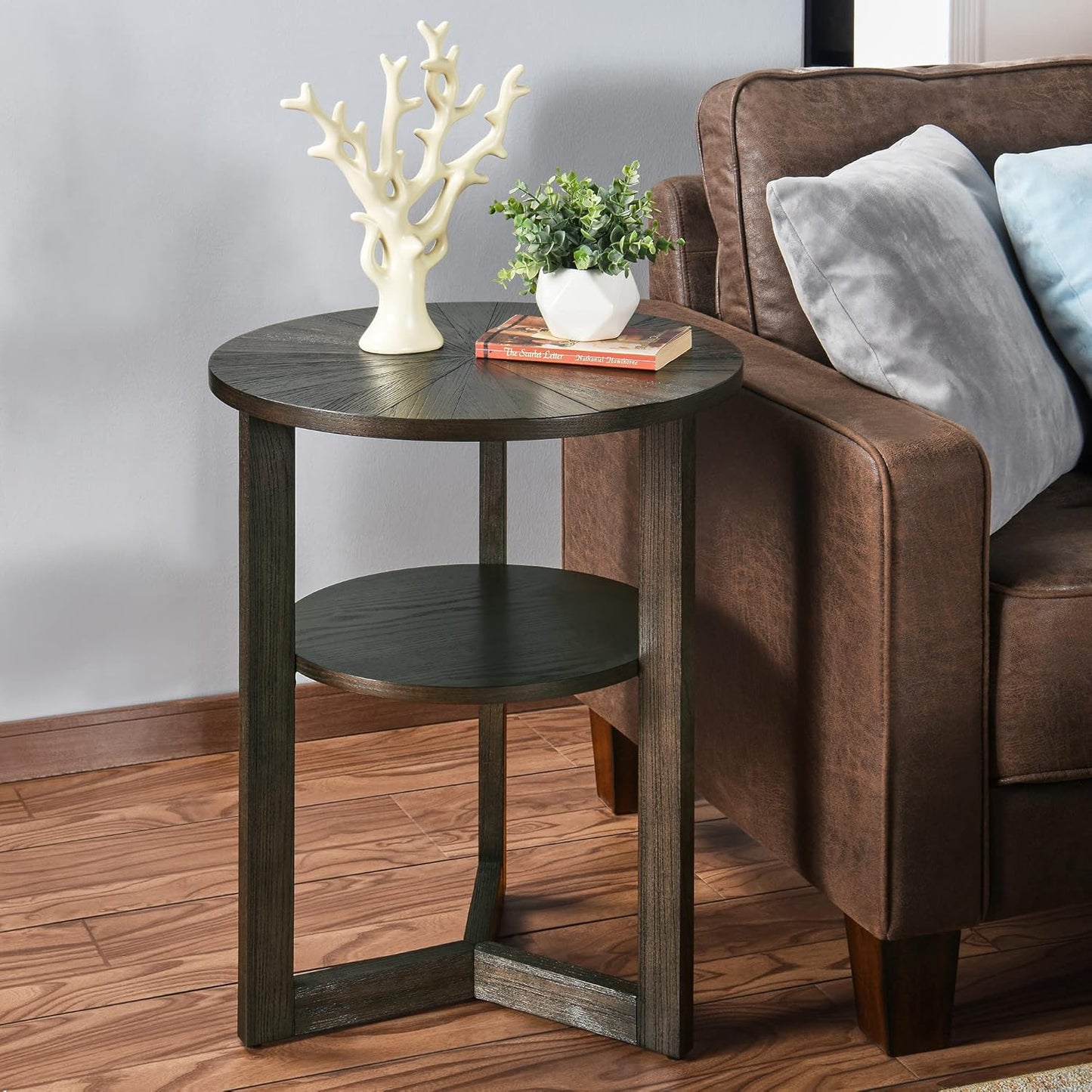Small Round End Table, Rustic Side Table with Storage shelf, Classic Circular Solid Wood Beside Table, 2-tier Telephone Table, Easy Assembly for Living Room 24”H x 19.3”D Brushed Black BZ3338BK