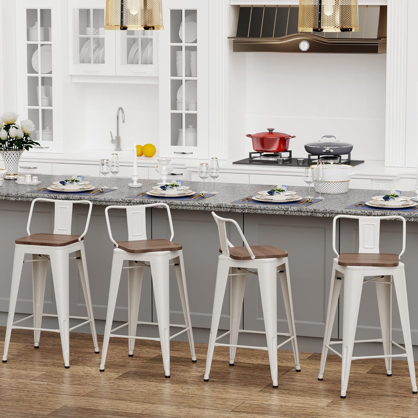 30 Inch Swivel Bar Stools Set of 4 with Backs Counter Height Industrial Metal Barstools Island Bar Chairs for Home Kitchen Dining Room (Swivel 30 inch, White Wooden)