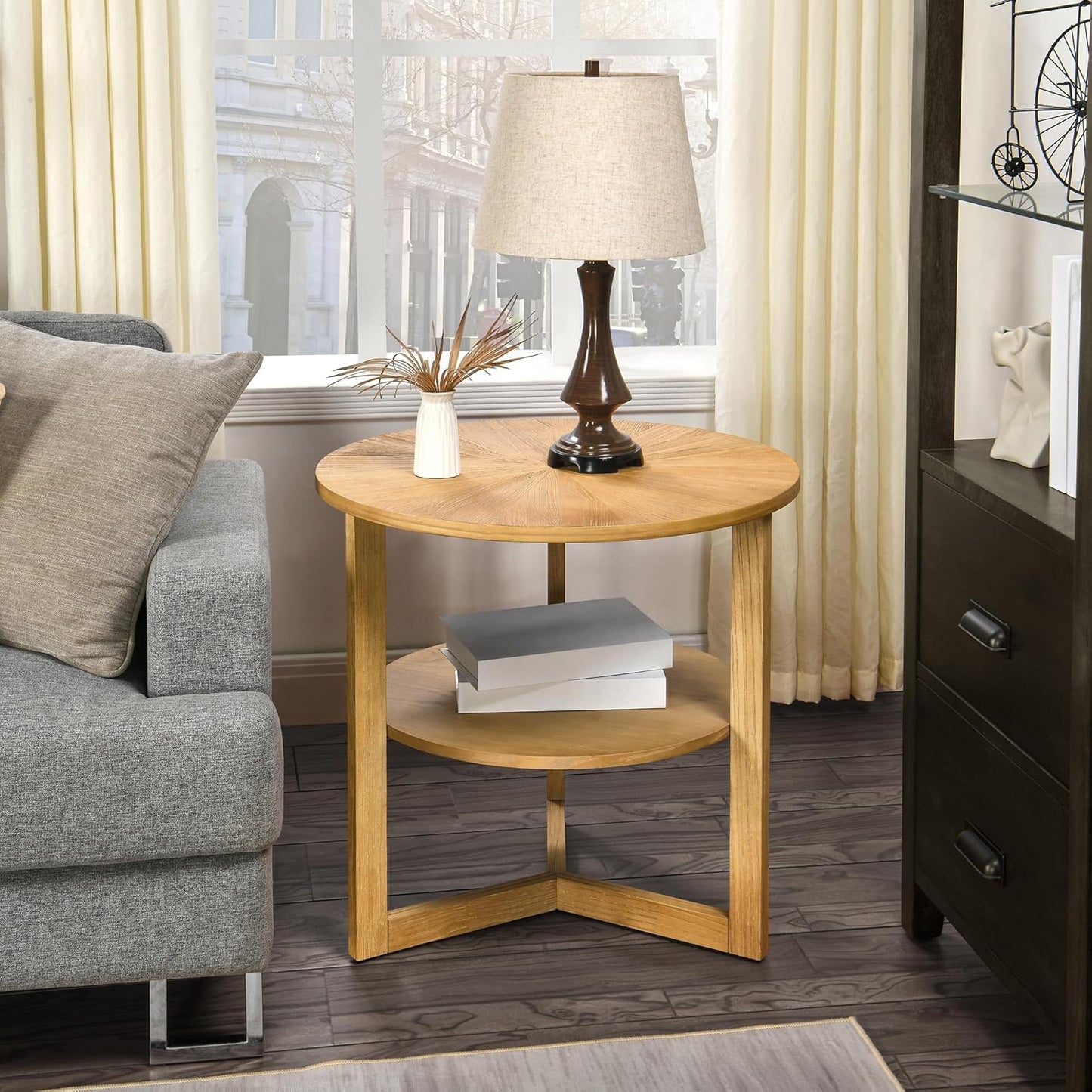 MODERION Large Round End Table, Rustic Beside Table with Umbrella Shaped Top, Traditional Circular Sofa Side Table with Shelf, 25.2”D Nightstand, Telephone Table for Living Room Natural CJZ3338OA