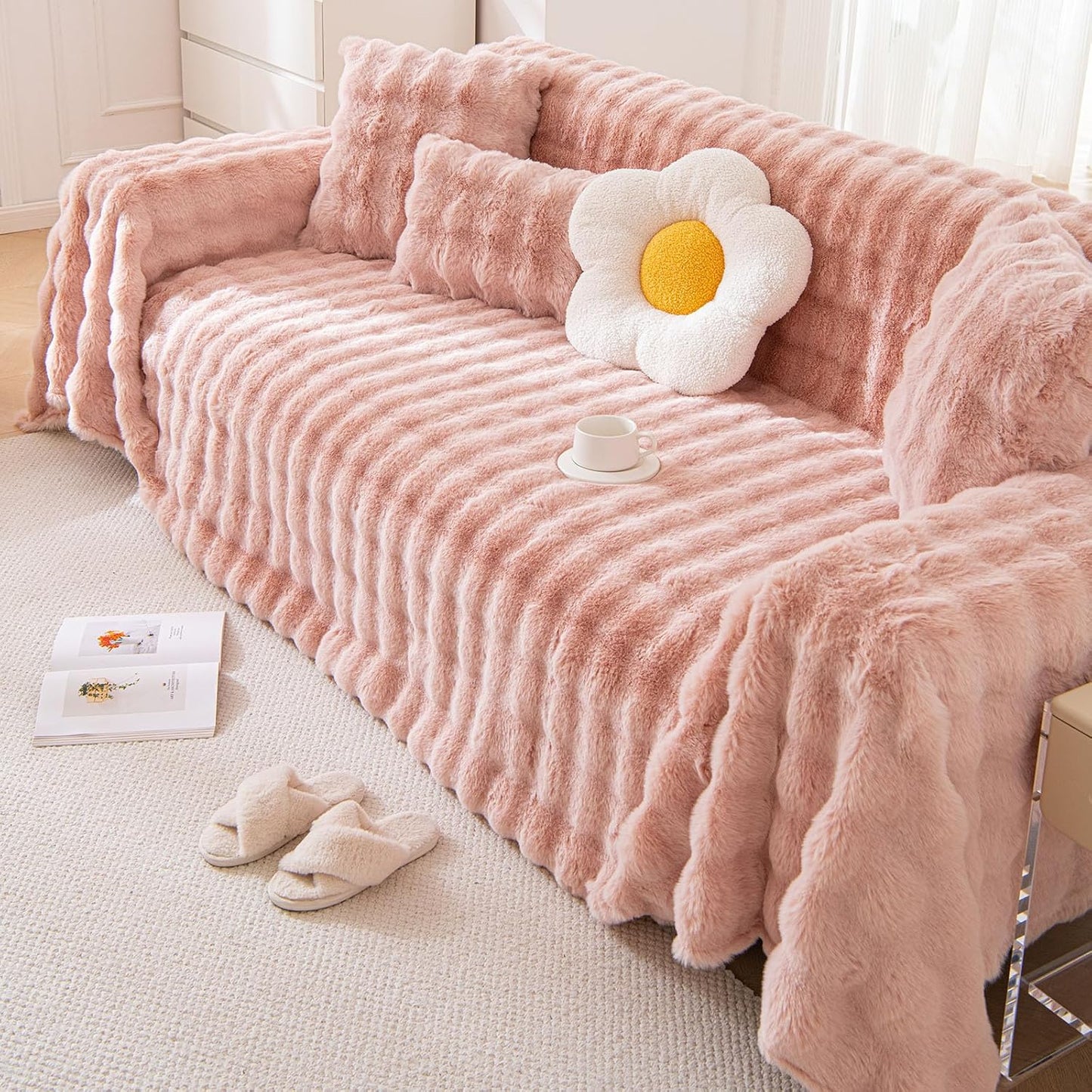 VM VOUGEMARKET Pink Sofa Cover Thick Shaggy Fluffy Sectional Couch Cover Plush Furniture Cover Soft Faux Fur Sofa Slipcover for Couch Futon Bed -Pink,71" x 134"