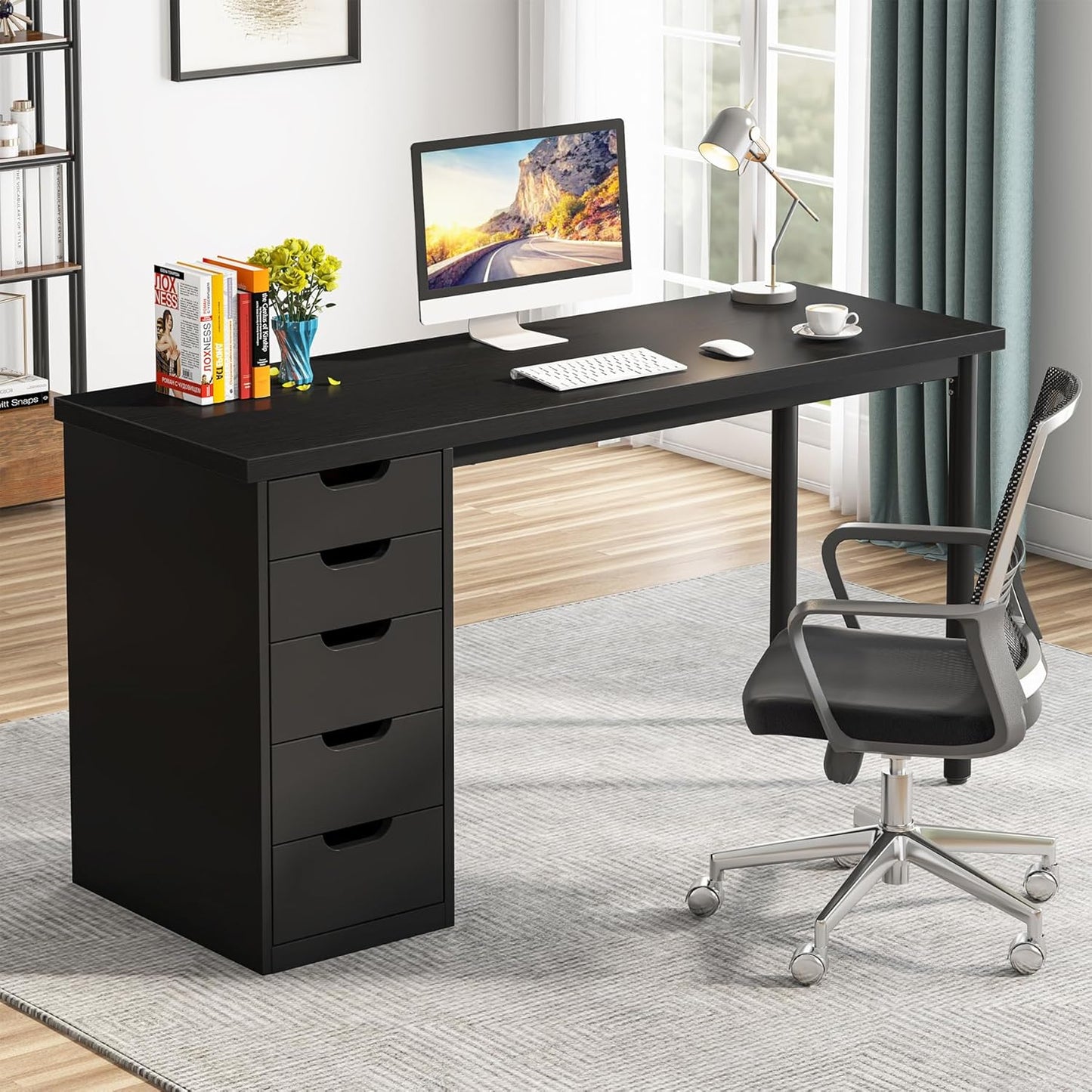 Tribesigns Computer Desk with 5 Drawers, 47 inches Rustic Brown Home Office Desk with Storage, Modern Simple Laptop Desk Study Writing Table for Small Spaces (1, Black)
