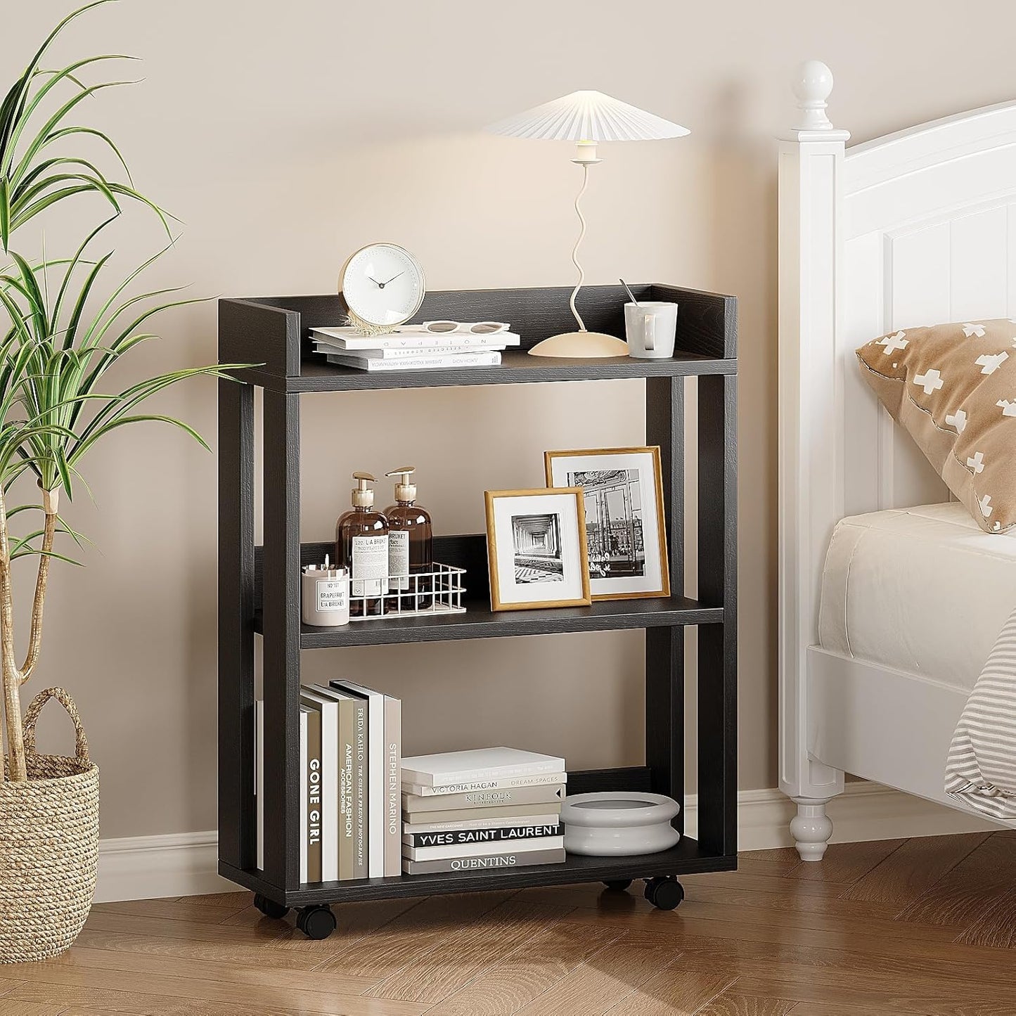 ALISENED Small Bookshelf and Bookcase, 3 Tier Wood Nightstand with Wheels, Modern Bedside End Table with Storage Rack for Bedroom, Library, Living Room, Home, Office Cart, Black