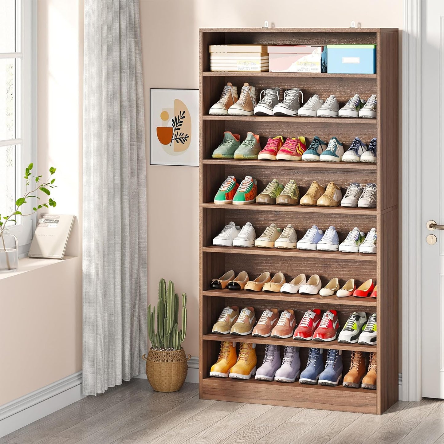 Tribesigns Tall Shoe Cabinet, 9 Tiers 40-45 Pairs Heavy Duty Wood Freestanding Shoe Storage Cabinet, 70.8'' Tall Shoe Cabinet with Open Storage for Entryway (Brown)