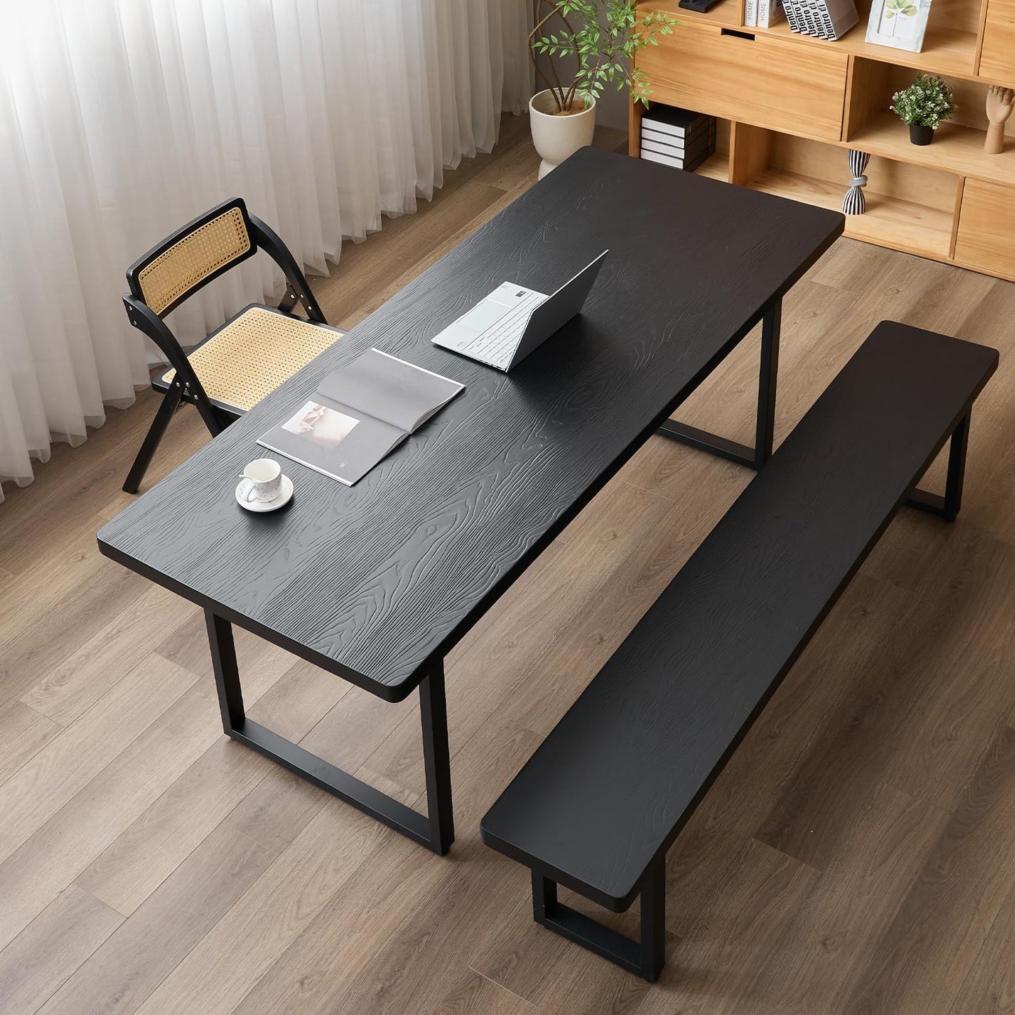 Modern Solid Wood Dining Table with Metal Base Stylish Durable Dining Room Table in Black Multiple Sizes Home Use Office Desk(62.99in)