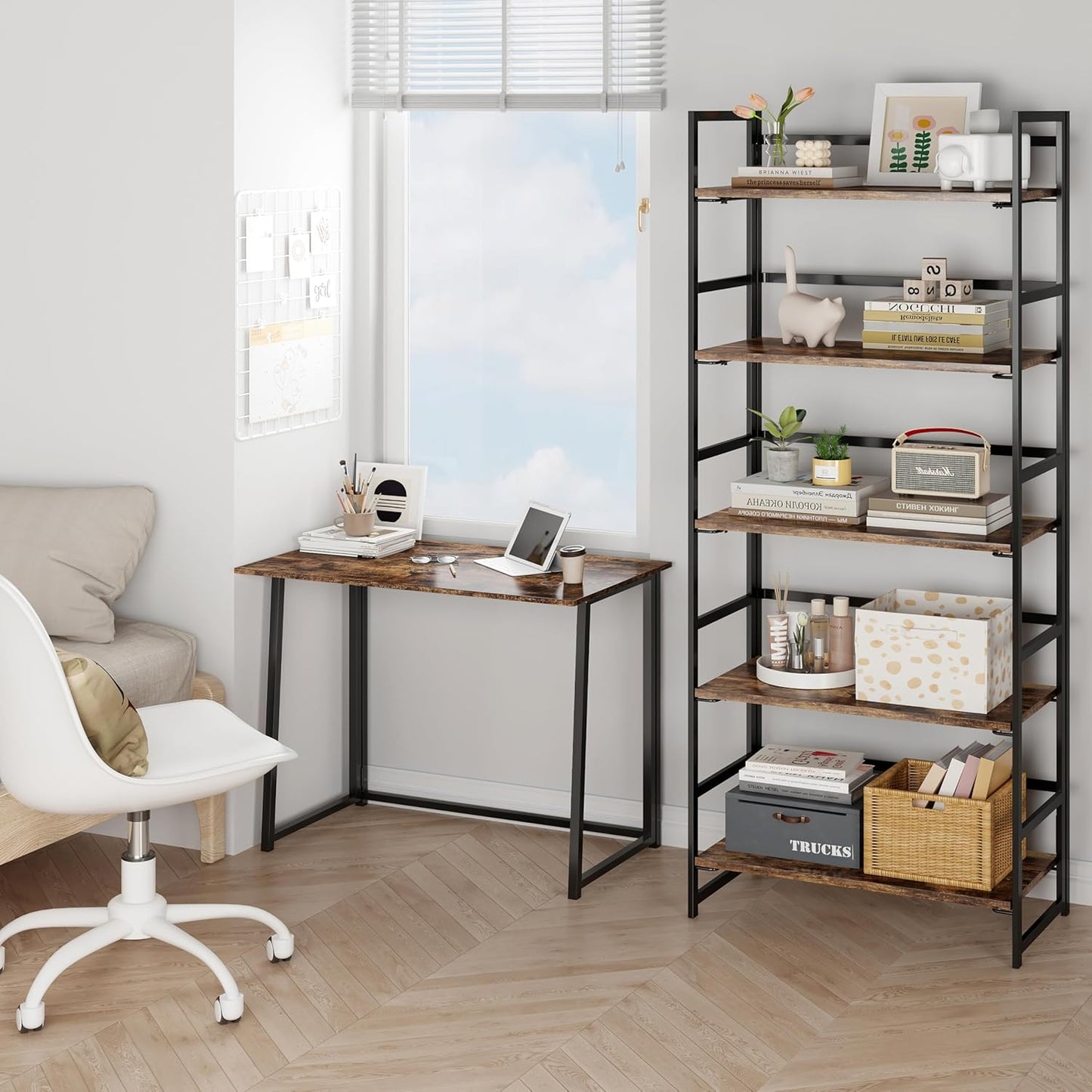 BHG Vintage Multifunctional Folding Bookshelf, No-Assembly Plant Stand Storage Rack Shelves for Home Office (Fire, 5-Tier)