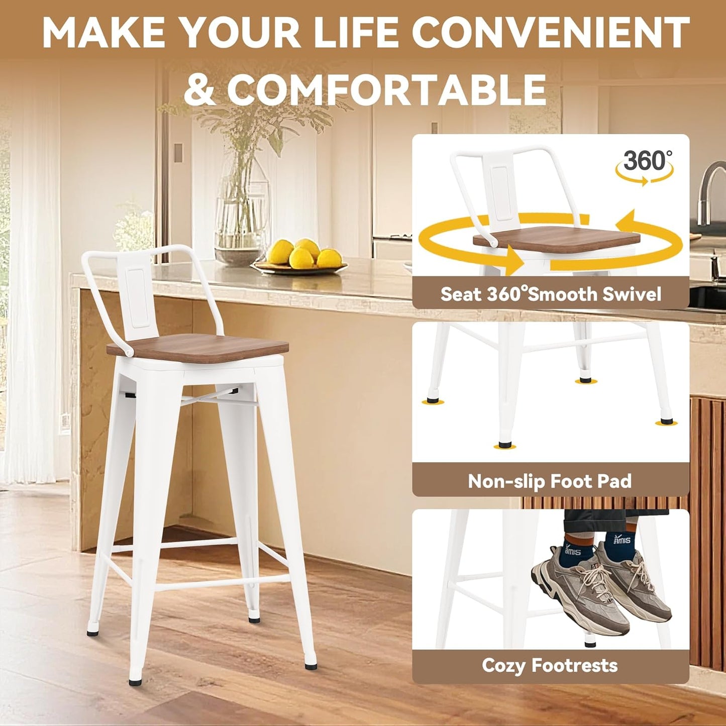 24 Inch Swivel Bar Stools Set of 4 with Backs Counter Height Industrial Metal Barstools Island Bar Chairs for Home Kitchen Dining Room (Swivel 24 inch, White Wooden)