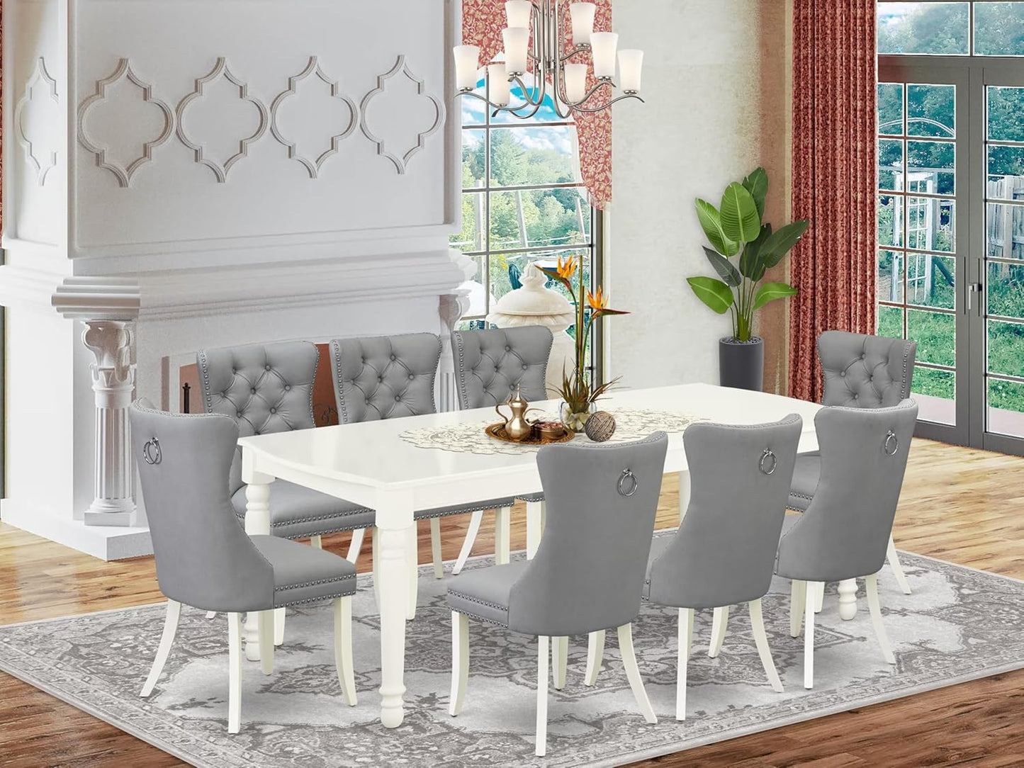 East West Furniture DODA9-LWH-27 9 Piece Modern Dining Table Set Includes a Rectangle Kitchen Table with Butterfly Leaf and 8 Polyester Fabric Upholstered Chairs, 42x78 Inch, Linen White
